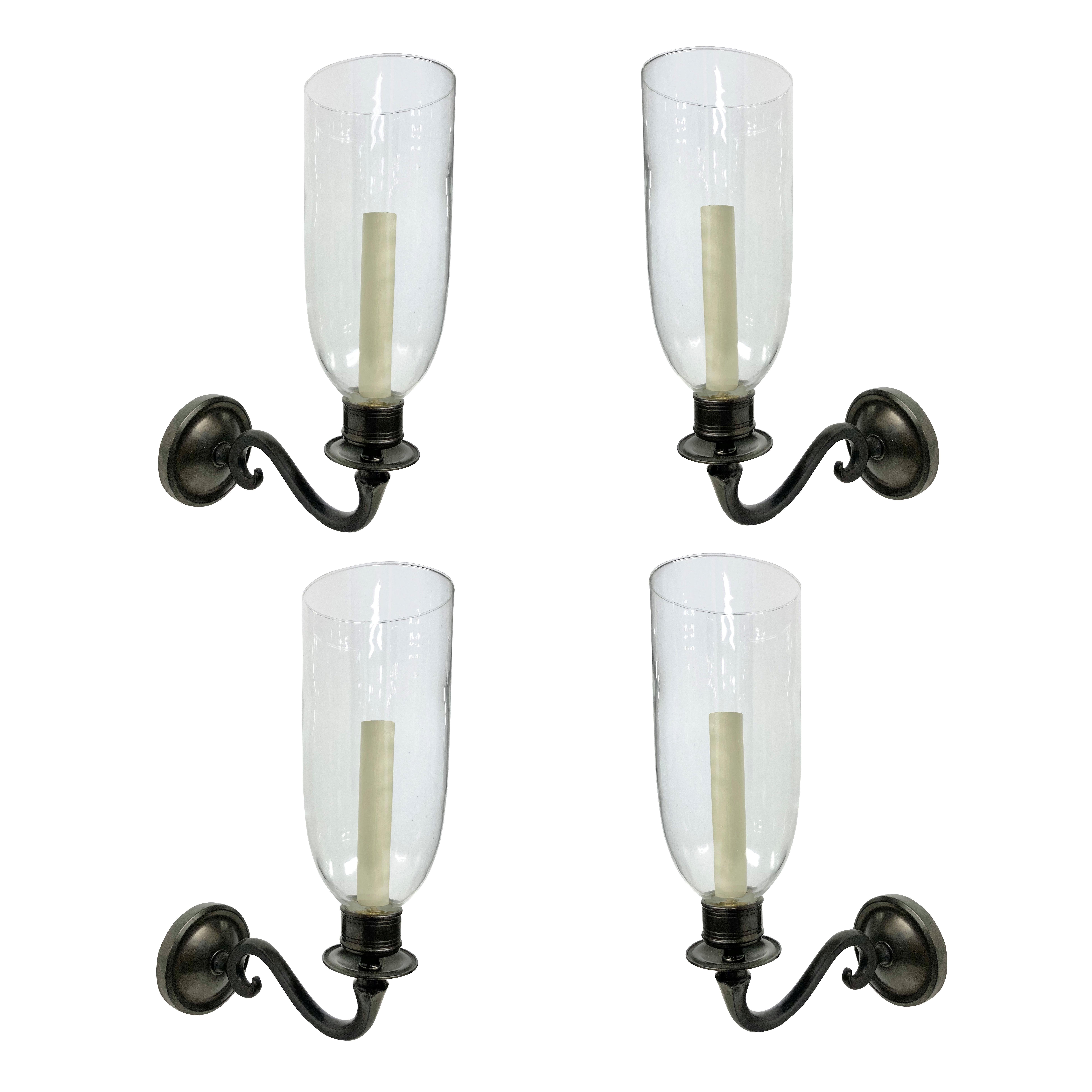 Set of Four Bronze Single Arm Wall Lights with Storm Shades