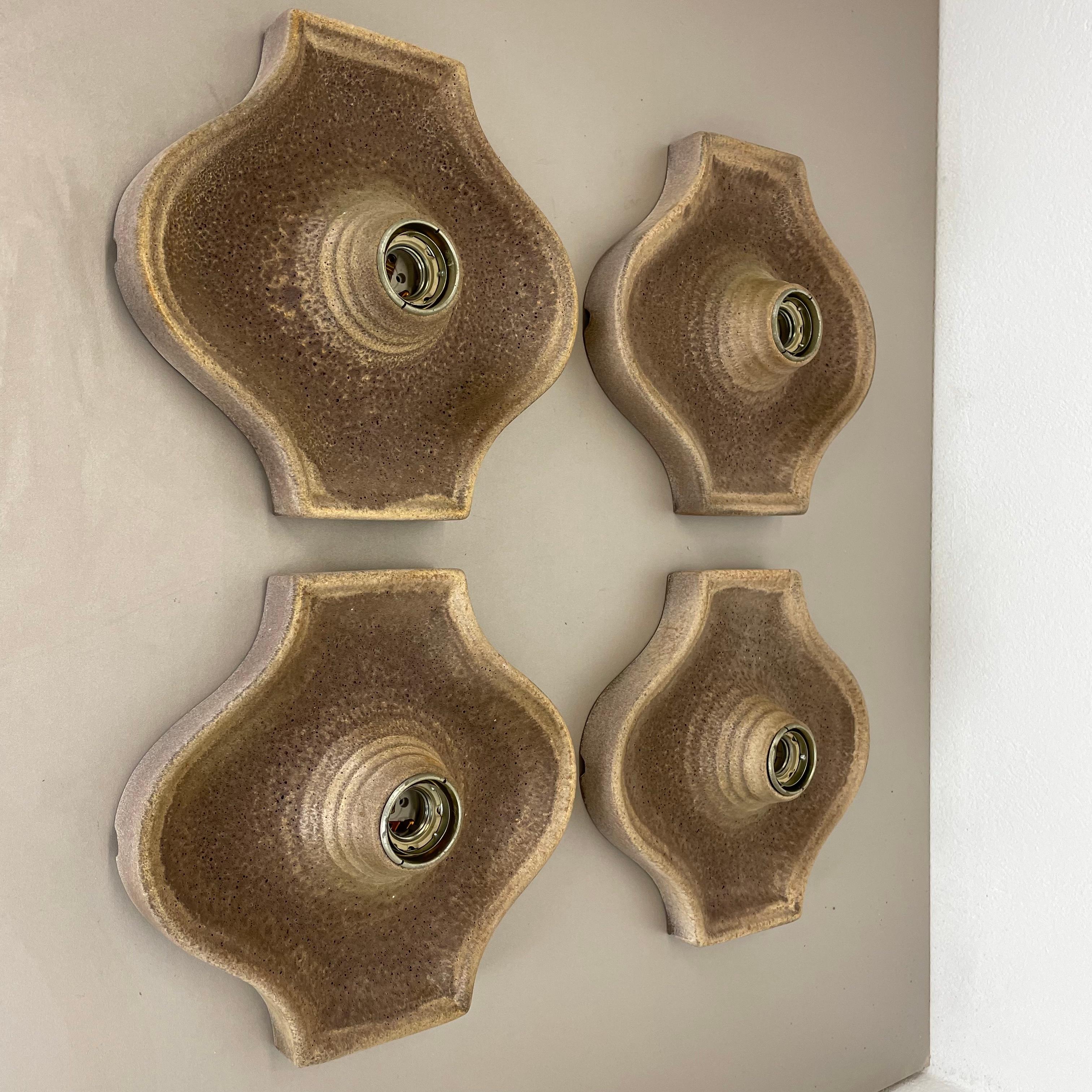Set of Four Brown Ceramic Fat Lava Wall Lights by Hustadt Ceramics, Germany 1970 In Good Condition For Sale In Kirchlengern, DE