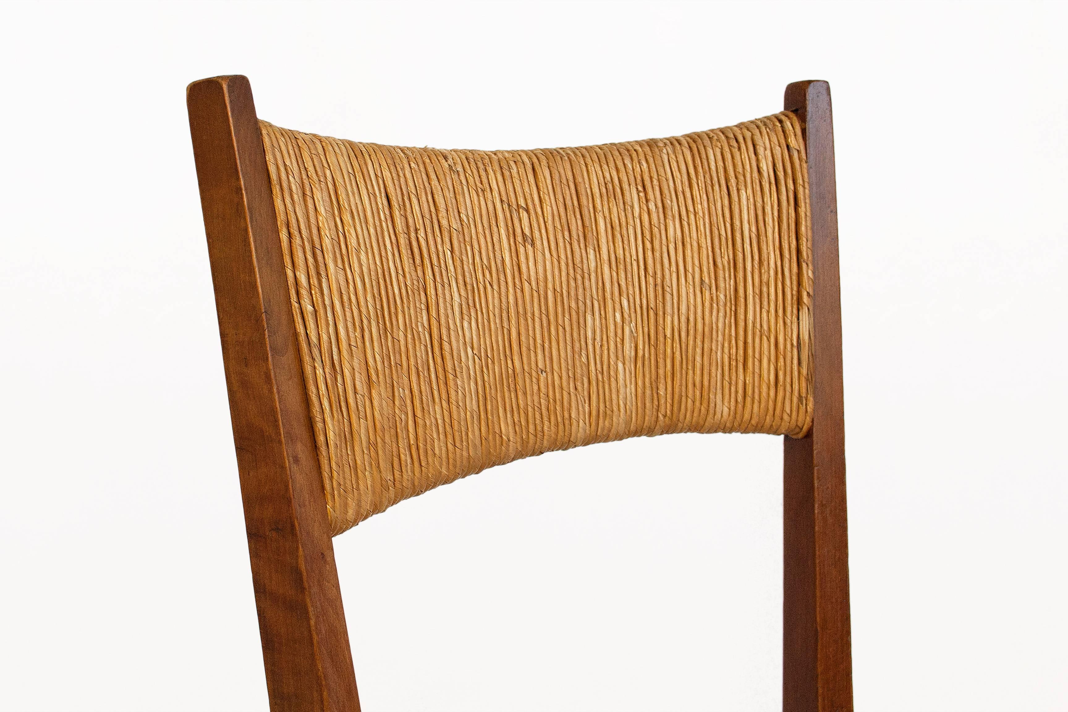 Straw Set of Four Brown Dining Chairs, circa 1950, France