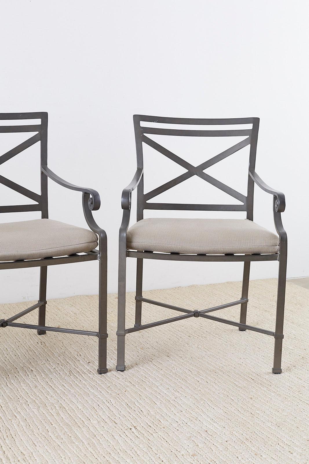 Neoclassical Set of Four Brown Jordan Venetian Aluminum Patio Armchairs