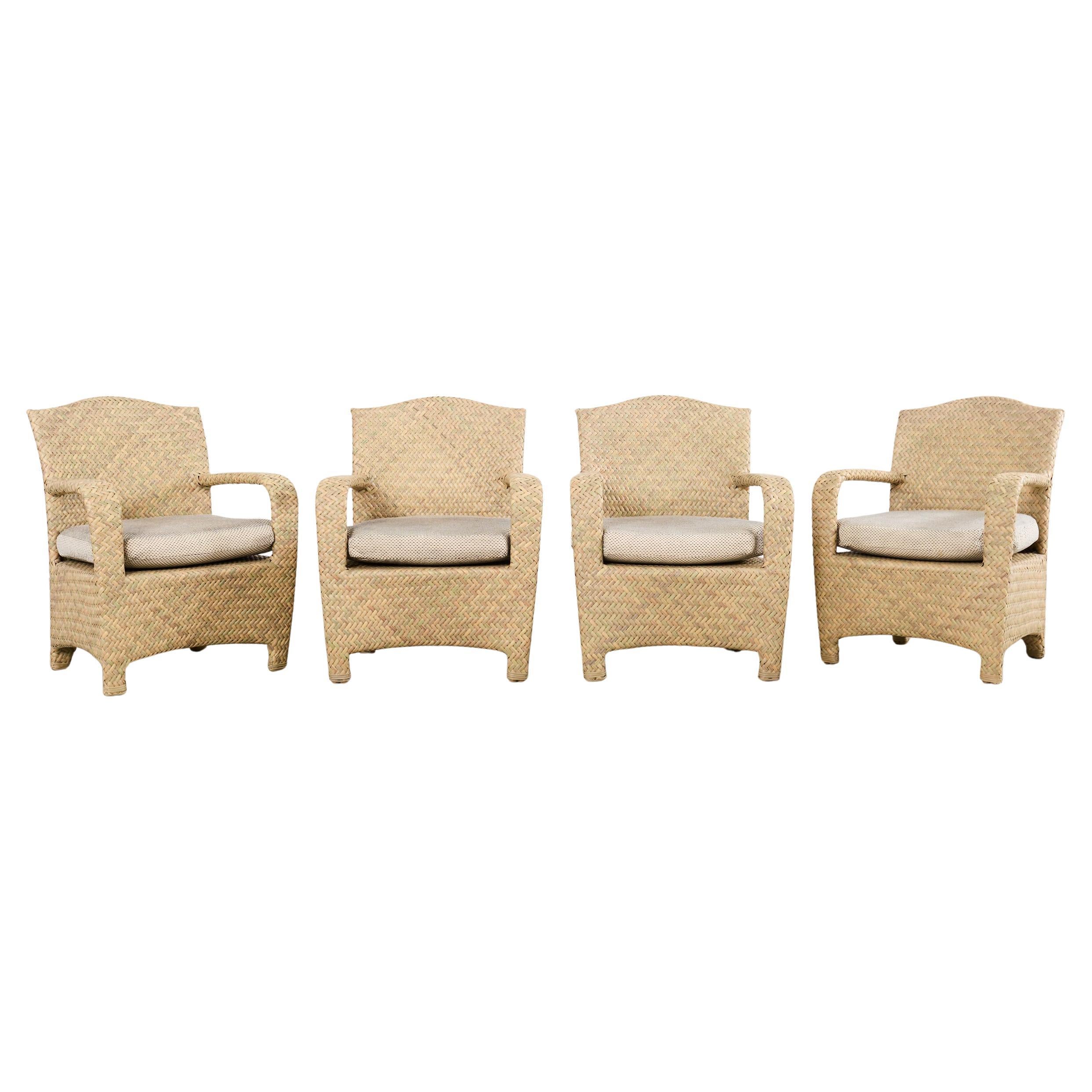 Set of Four Brown Jordan Woven Wicker Havana Garden Armchairs