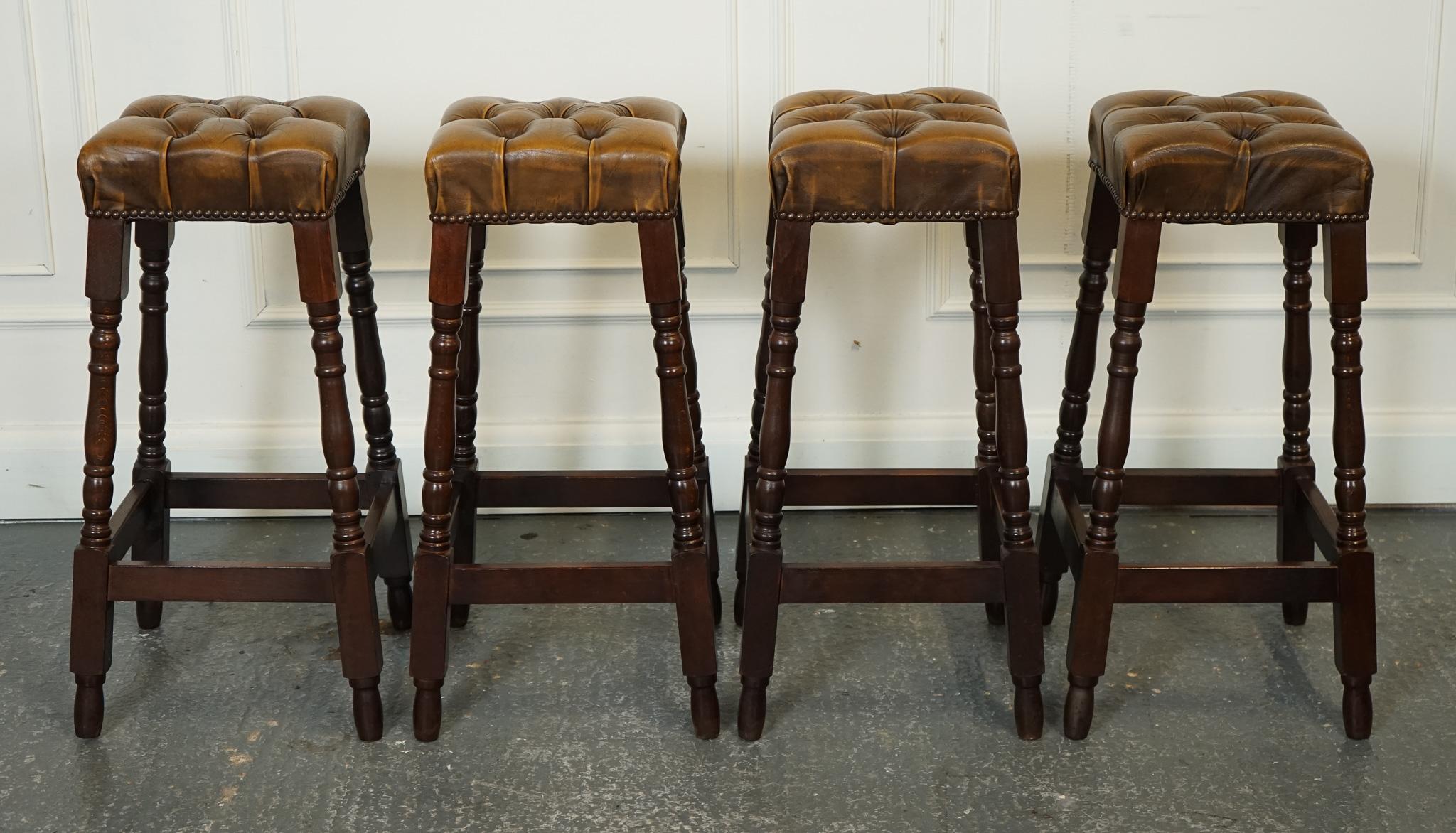 Antiques of London



We are delighted to offer for sale this Lovely Set of Four Leather Chesterfield Bar Stools.

A set of four brown leather Chesterfield bar stools offers a stylish and comfortable seating solution for a bar or kitchen area. These
