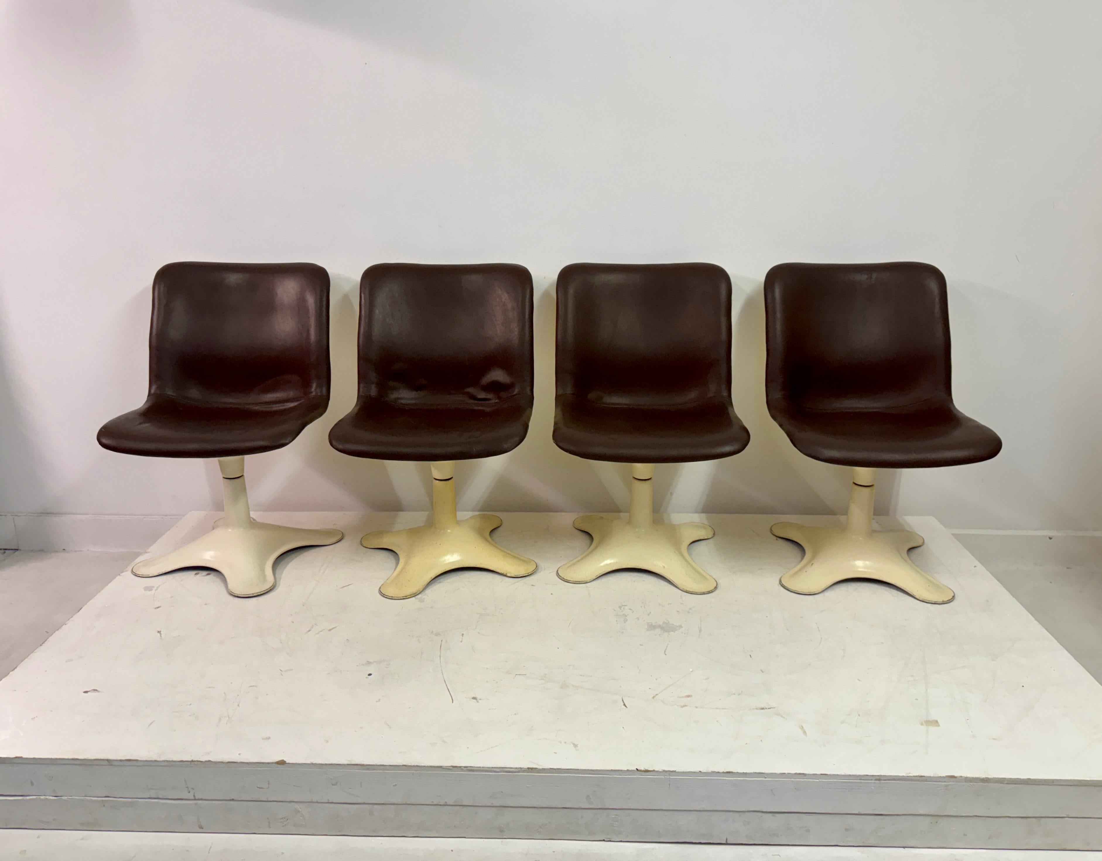 Mid-Century Modern Set of Four Brown Leather Dining Chairs by Yrjö Kukkapuro for Haimi For Sale