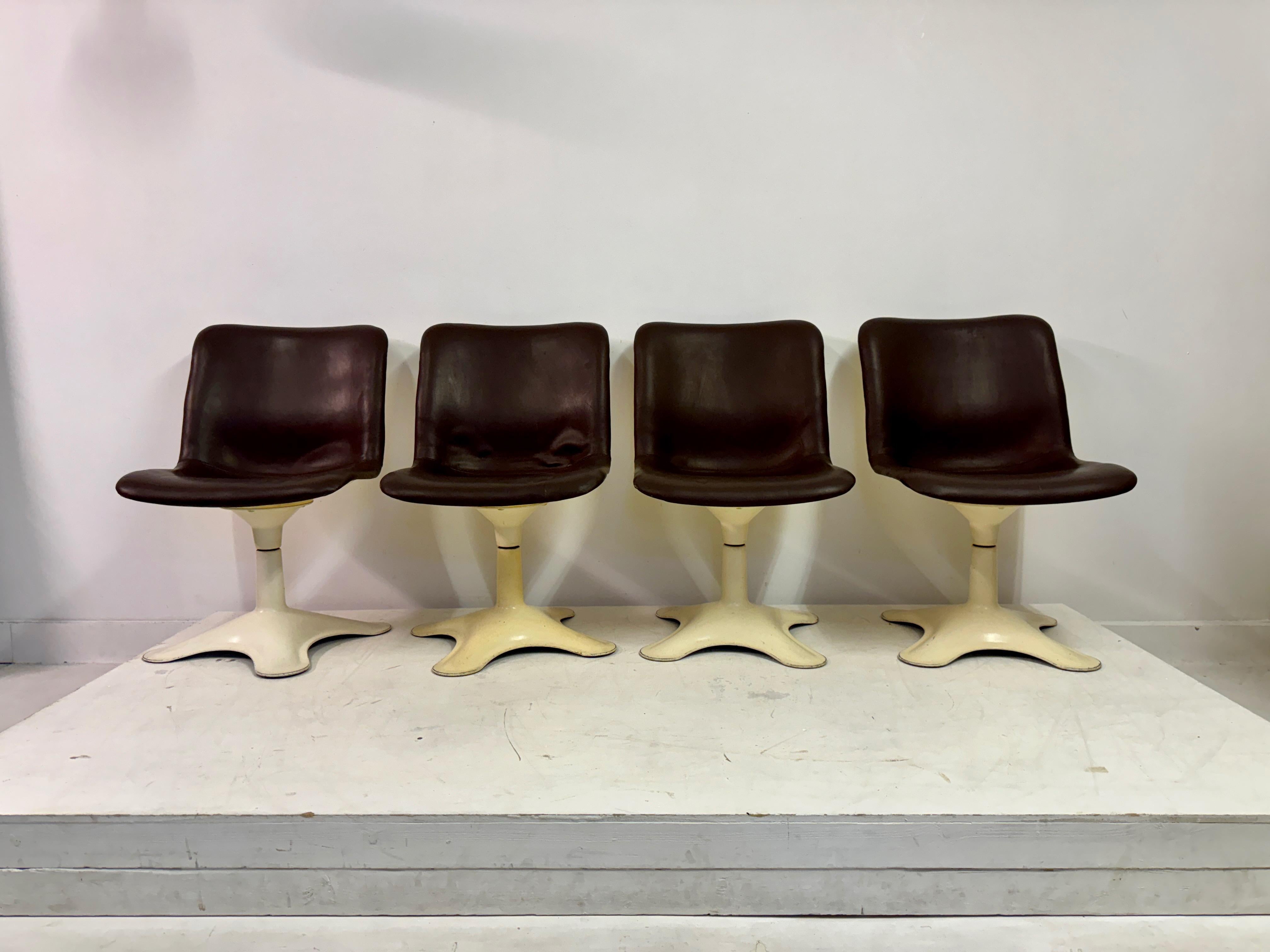 Finnish Set of Four Brown Leather Dining Chairs by Yrjö Kukkapuro for Haimi For Sale