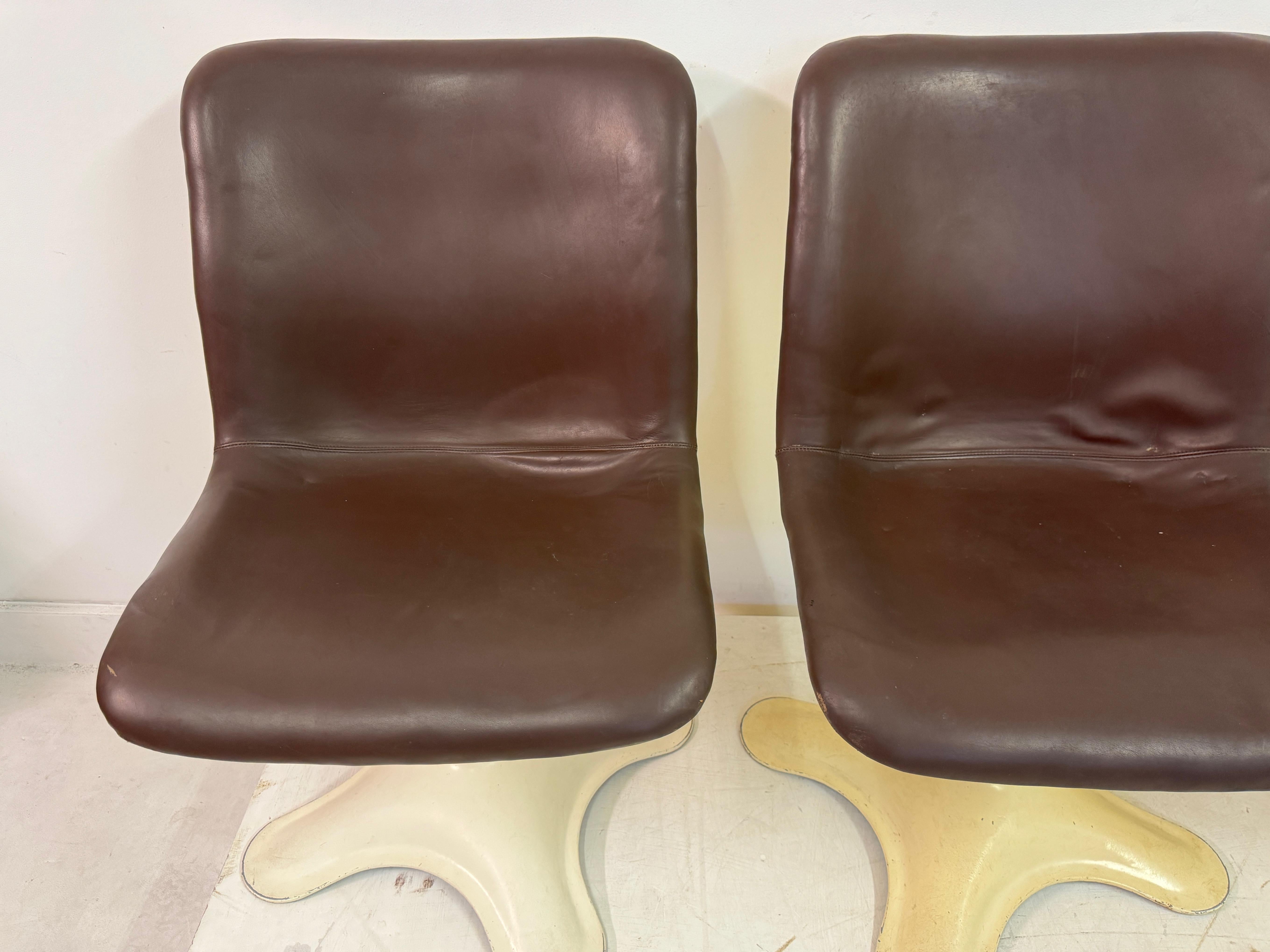 Set of Four Brown Leather Dining Chairs by Yrjö Kukkapuro for Haimi In Fair Condition For Sale In London, London