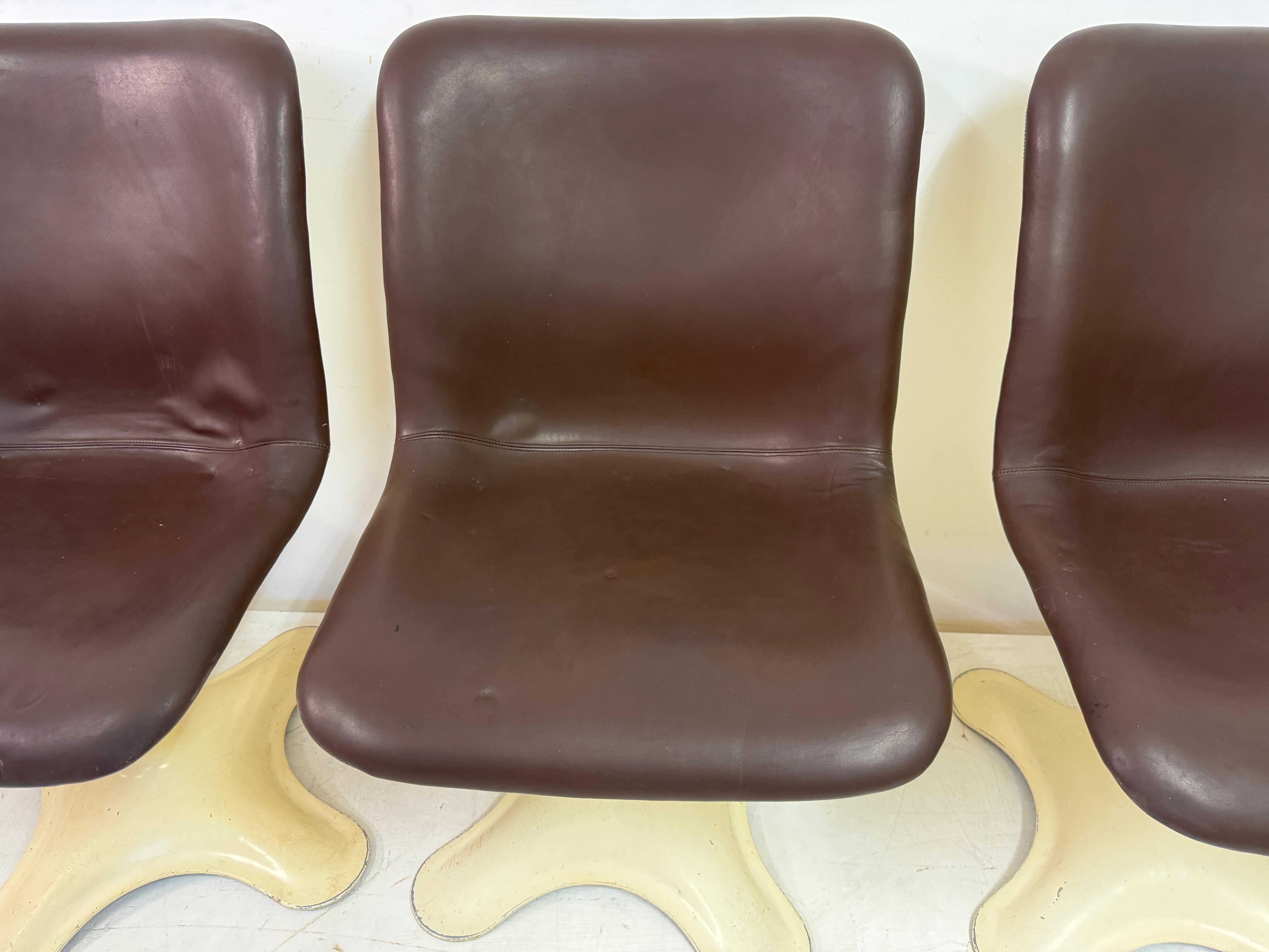 Aluminum Set of Four Brown Leather Dining Chairs by Yrjö Kukkapuro for Haimi For Sale