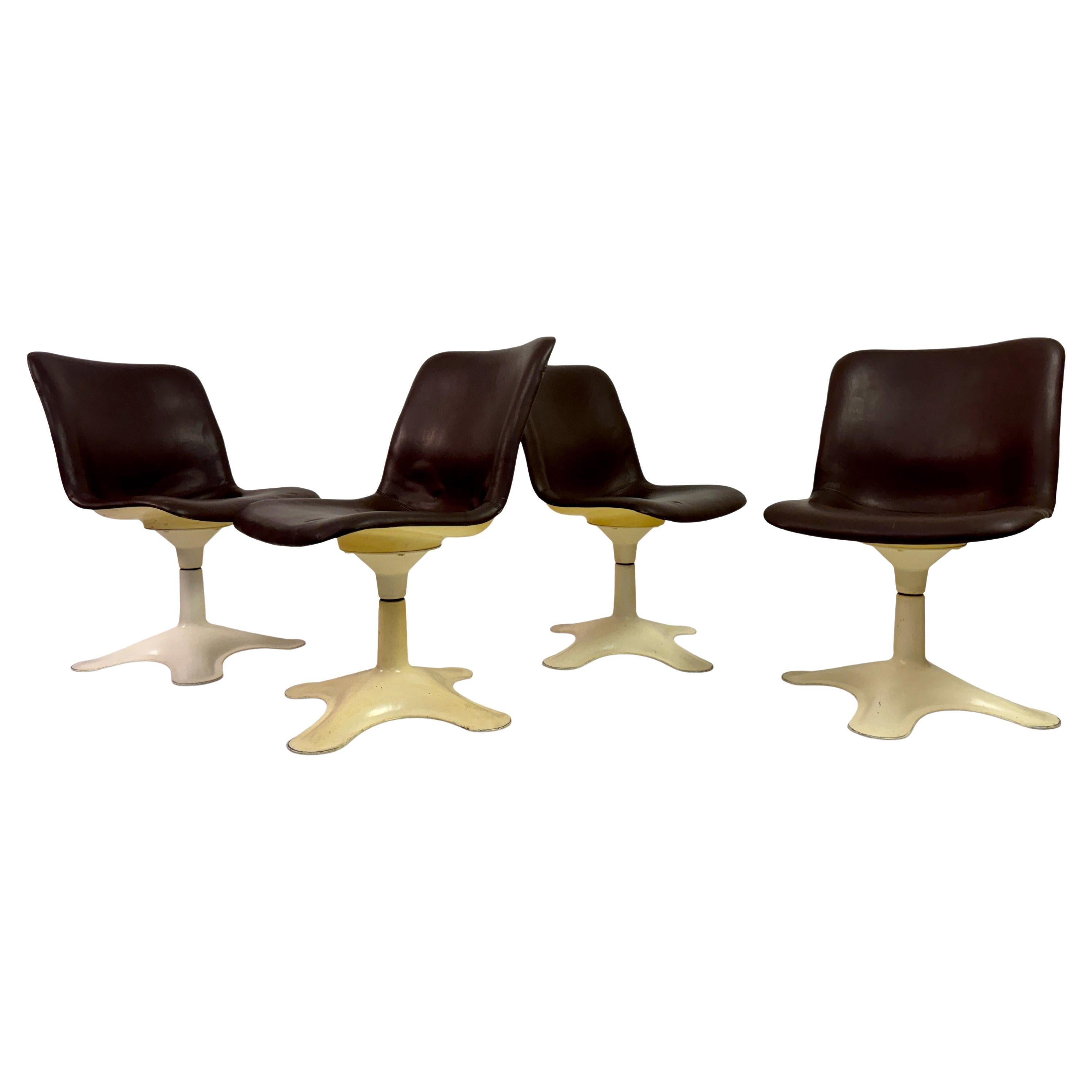 Set of Four Brown Leather Dining Chairs by Yrjö Kukkapuro for Haimi For Sale