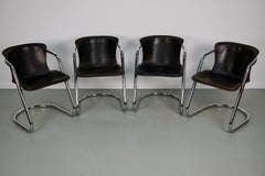 Set of Four Brown Leather Dining Chairs, Willy Rizzo, 1970s