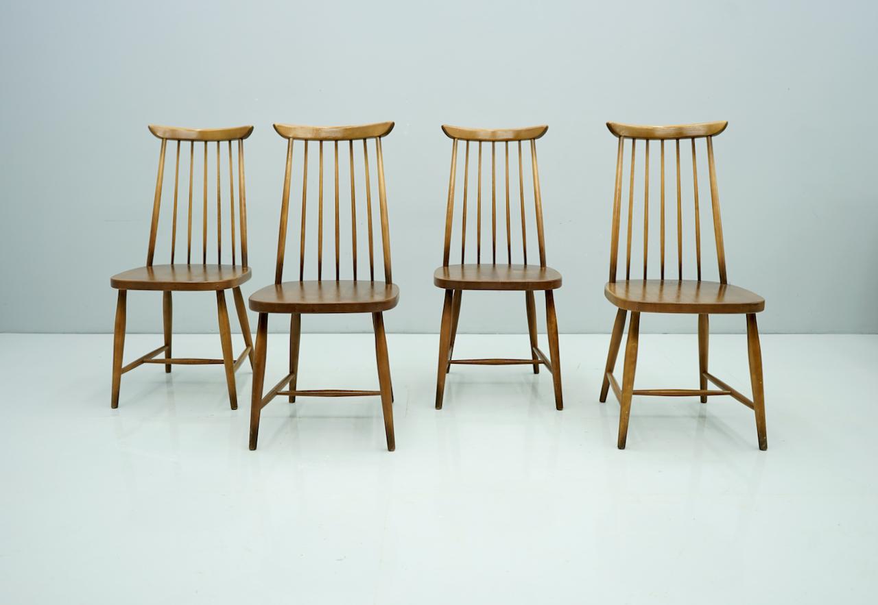 Set of Four Brown Scandinavian Wood Dining Room Chairs, 1960s 5