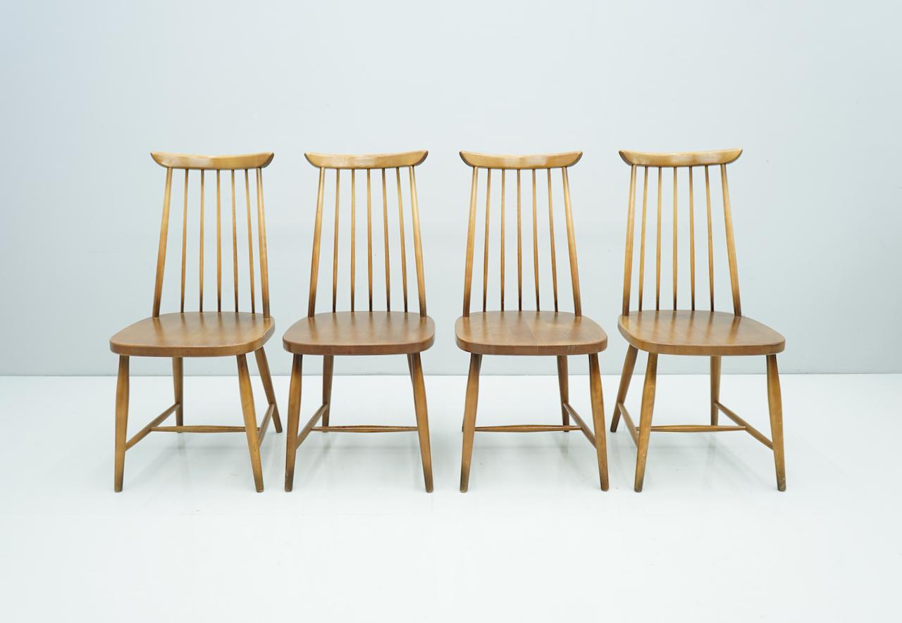 Scandinavian Modern Set of Four Brown Scandinavian Wood Dining Room Chairs, 1960s