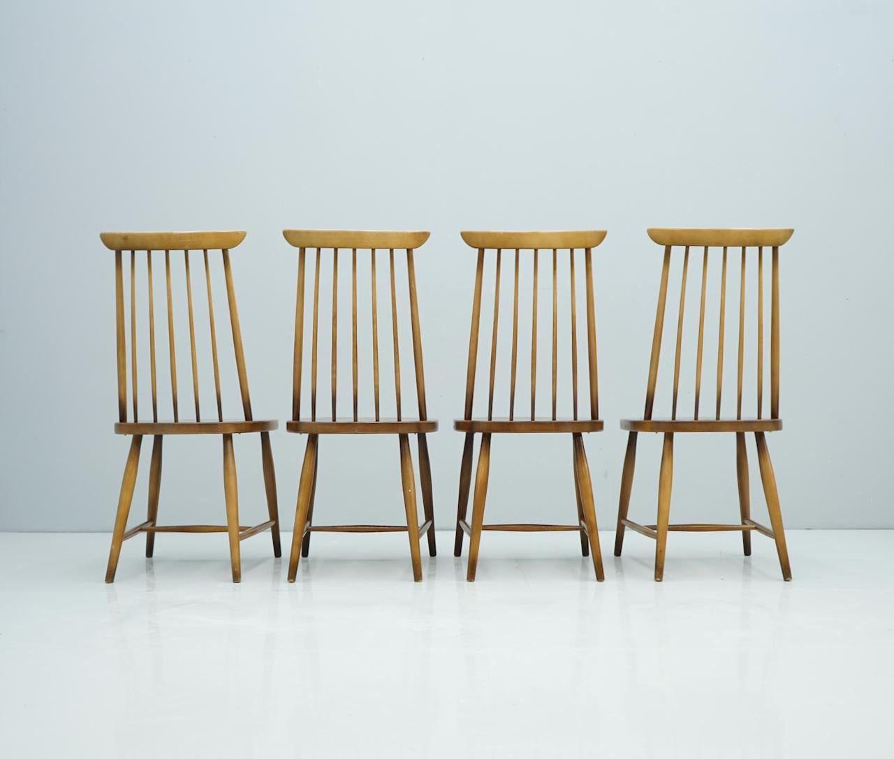 European Set of Four Brown Scandinavian Wood Dining Room Chairs, 1960s