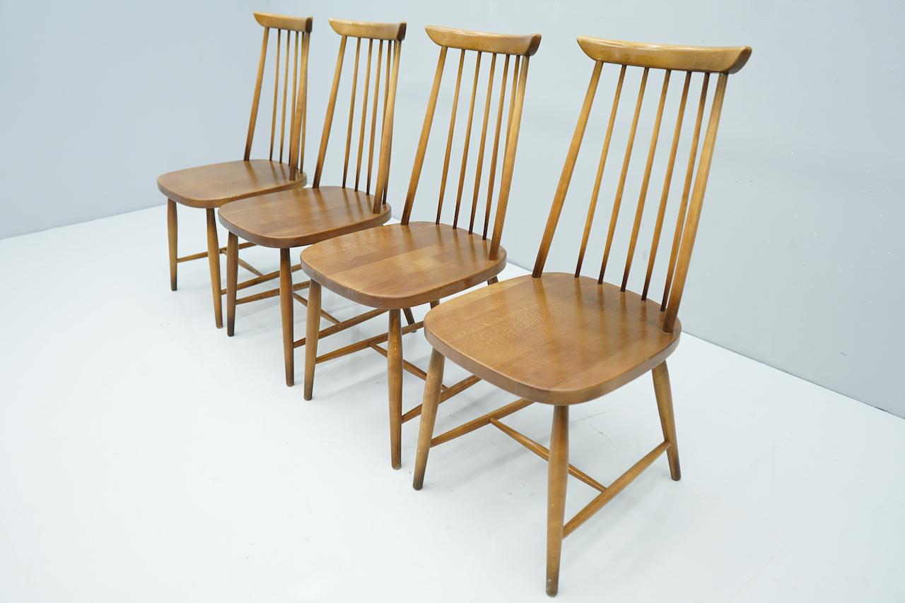 Set of Four Brown Scandinavian Wood Dining Room Chairs, 1960s 1