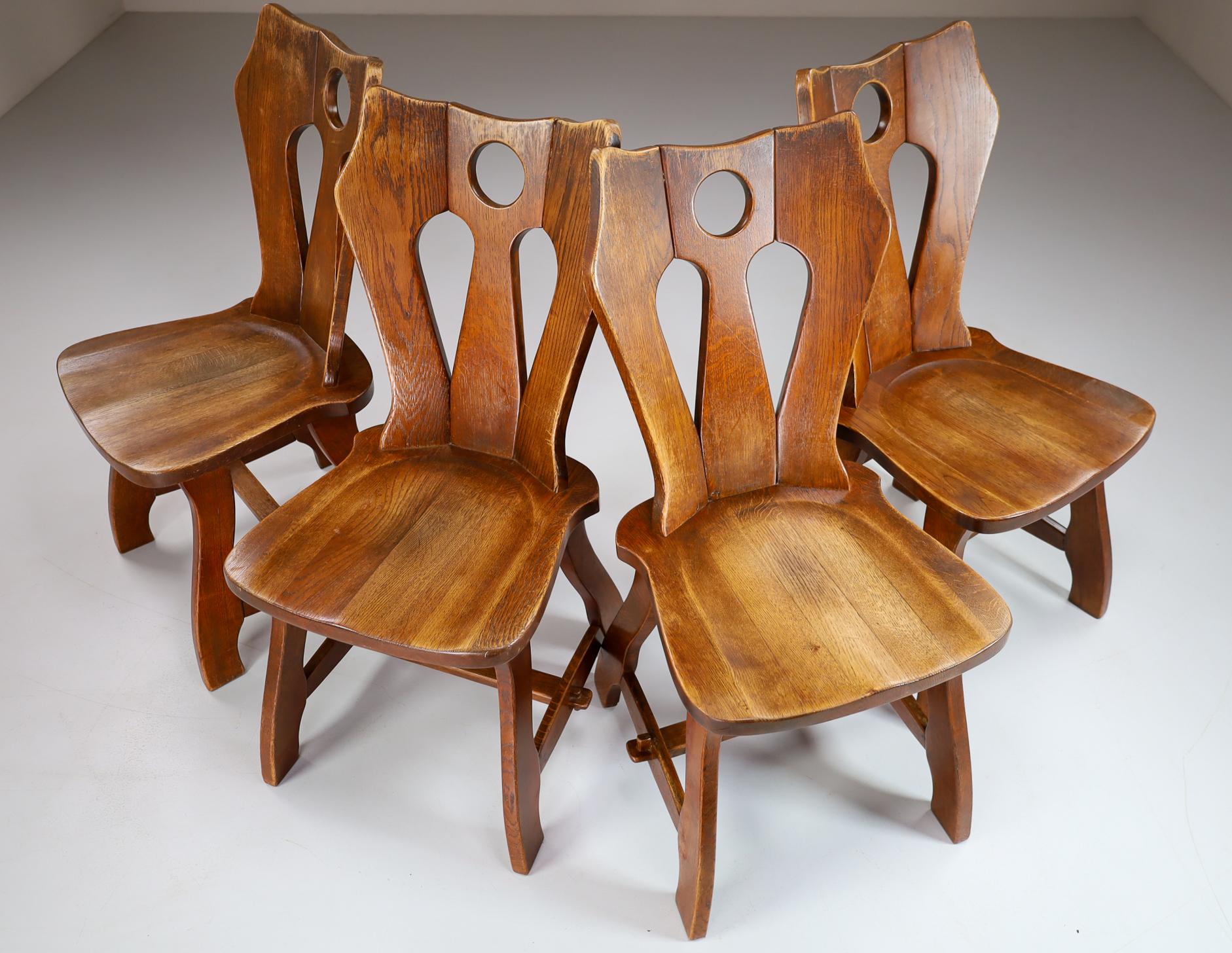 Set of Four Brutalist Chairs in Patinated Oak, Belgium, 1960s For Sale 1