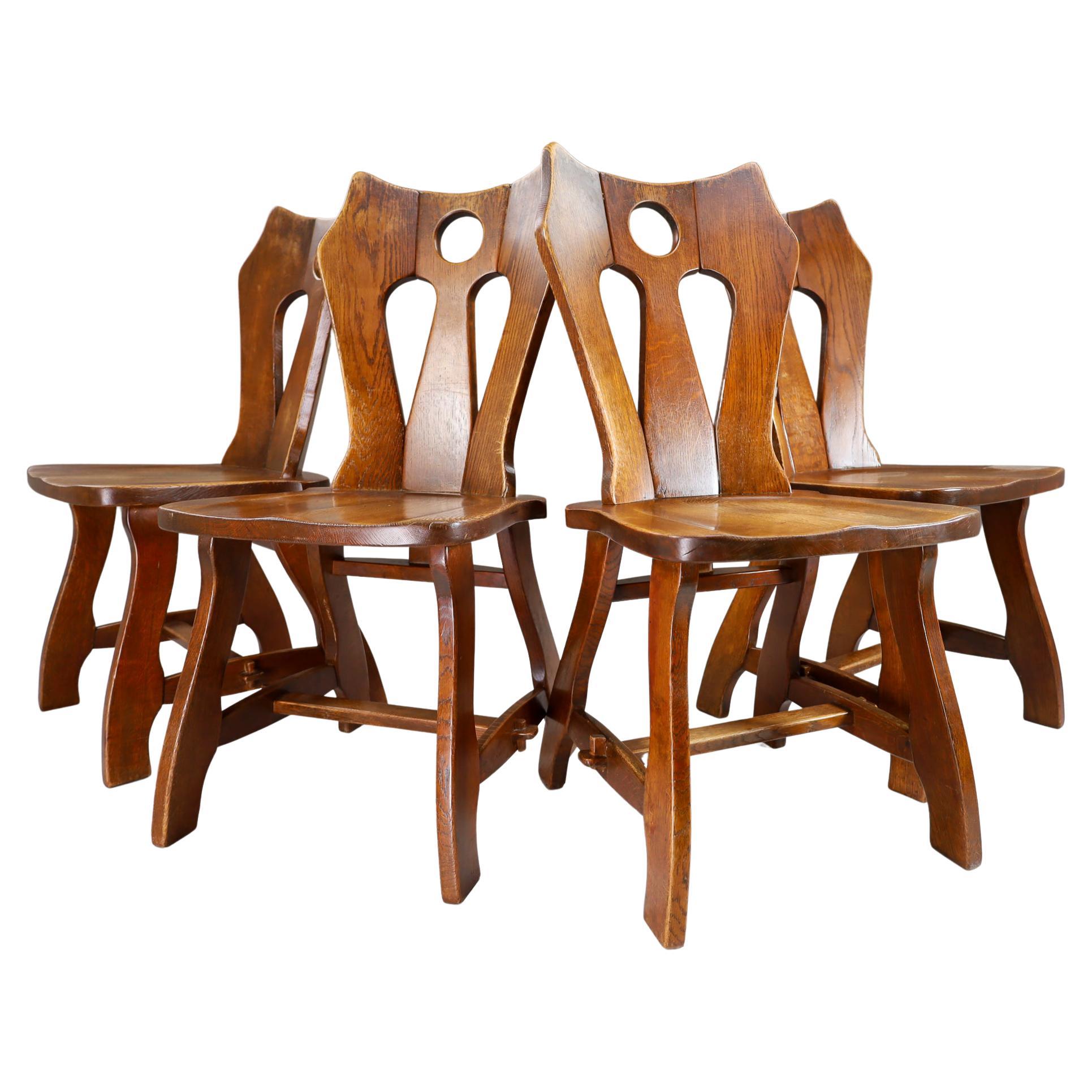 Set of Four Brutalist Chairs in Patinated Oak, Belgium, 1960s