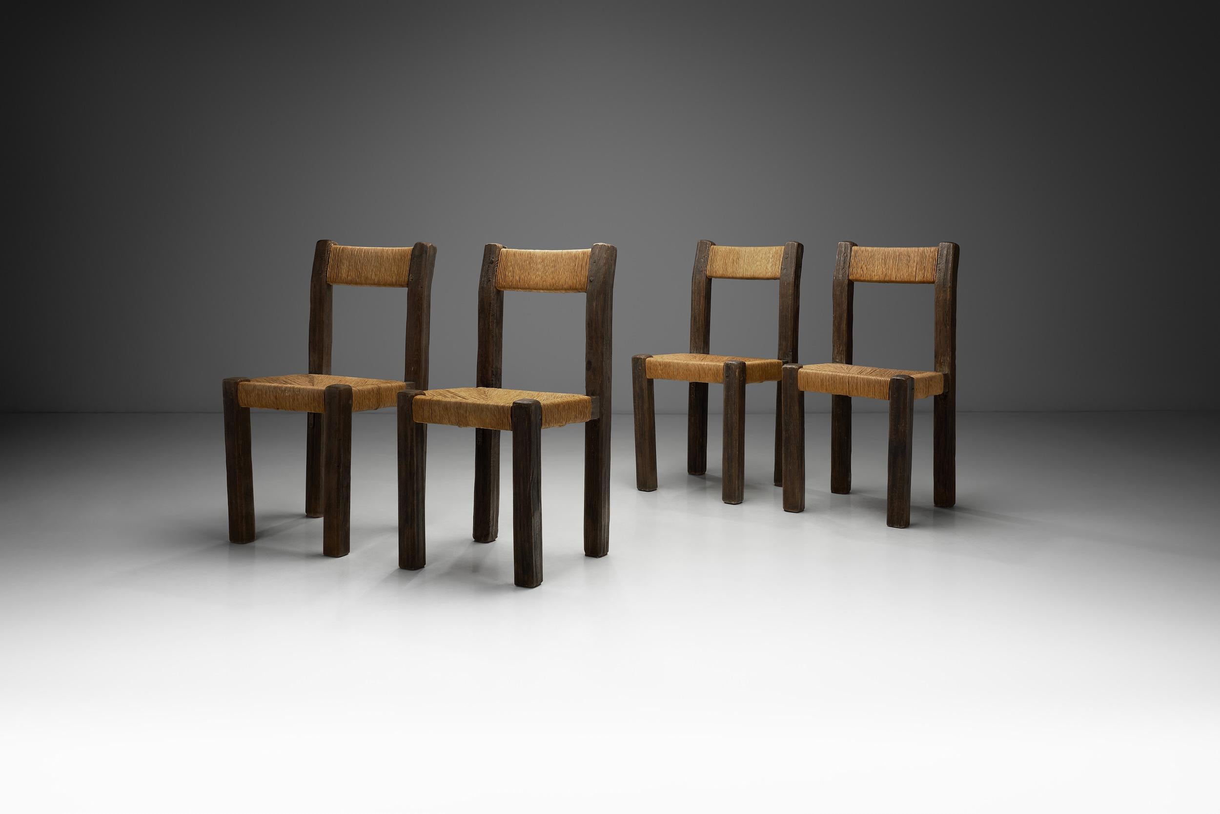 Mid-Century Modern Set of Four Brutalist Dining Chairs with Rope Seats, Europe ca 1960s For Sale
