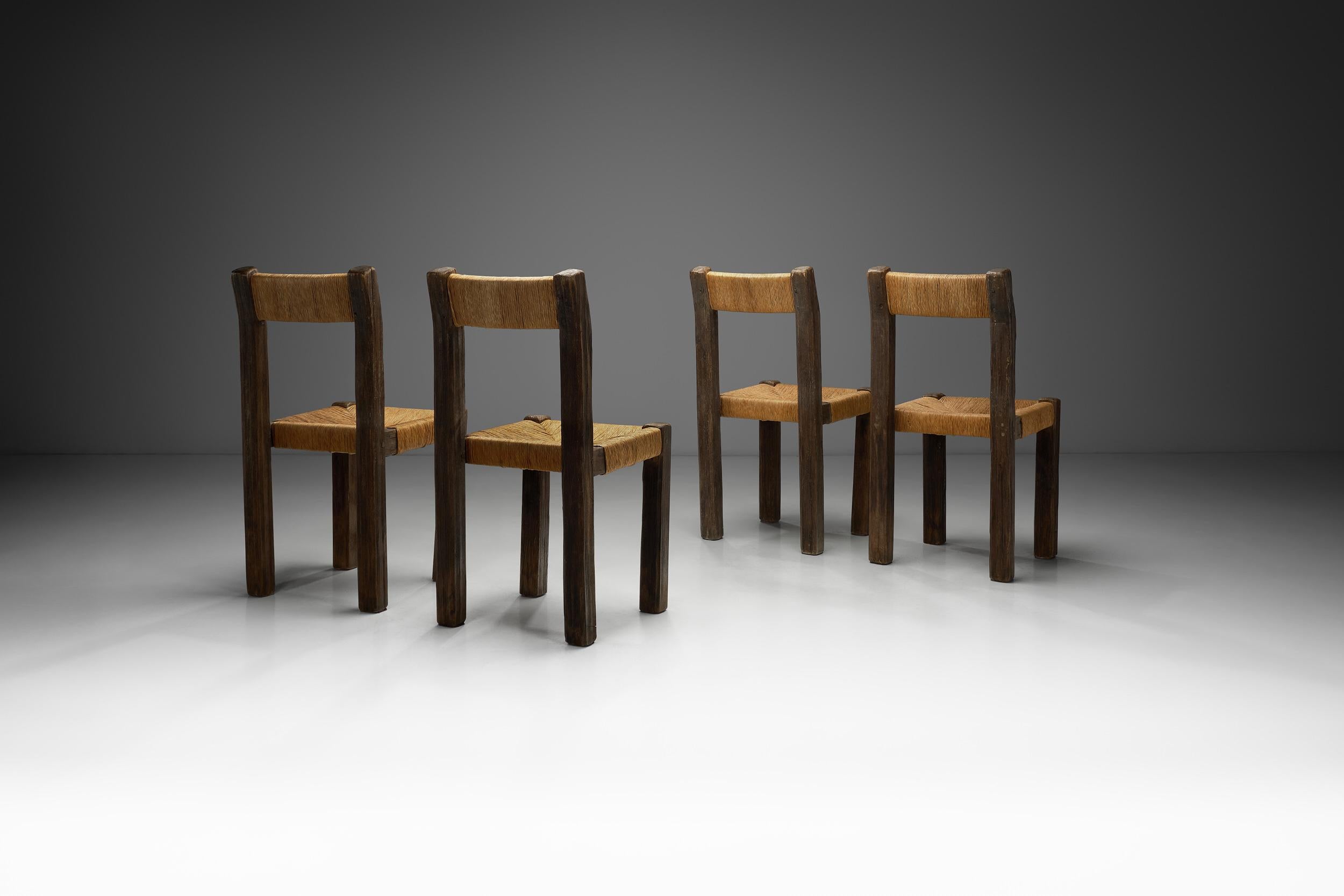 European Set of Four Brutalist Dining Chairs with Rope Seats, Europe ca 1960s For Sale