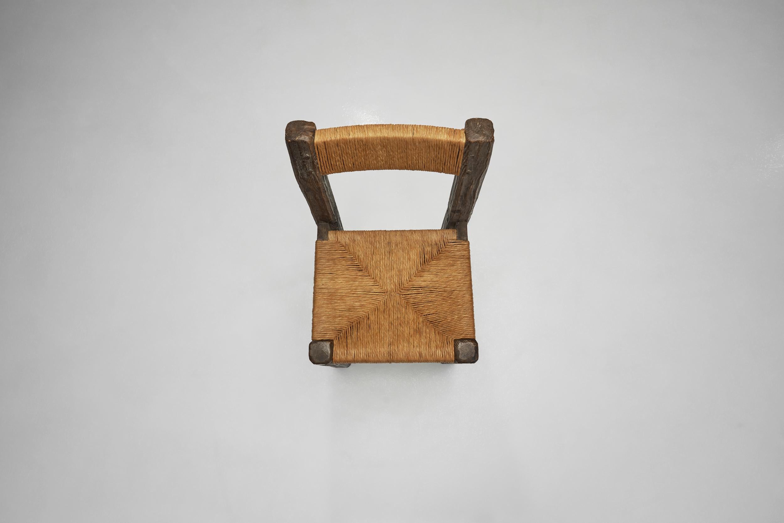 Set of Four Brutalist Dining Chairs with Rope Seats, Europe ca 1960s In Good Condition For Sale In Utrecht, NL