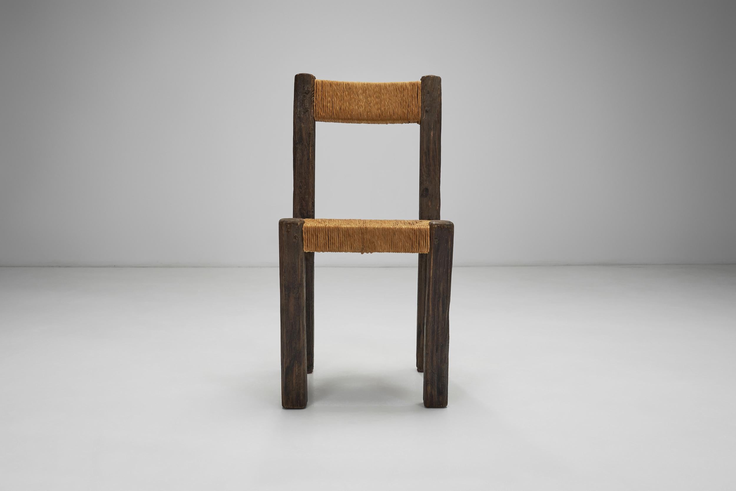 Mid-20th Century Set of Four Brutalist Dining Chairs with Rope Seats, Europe ca 1960s For Sale