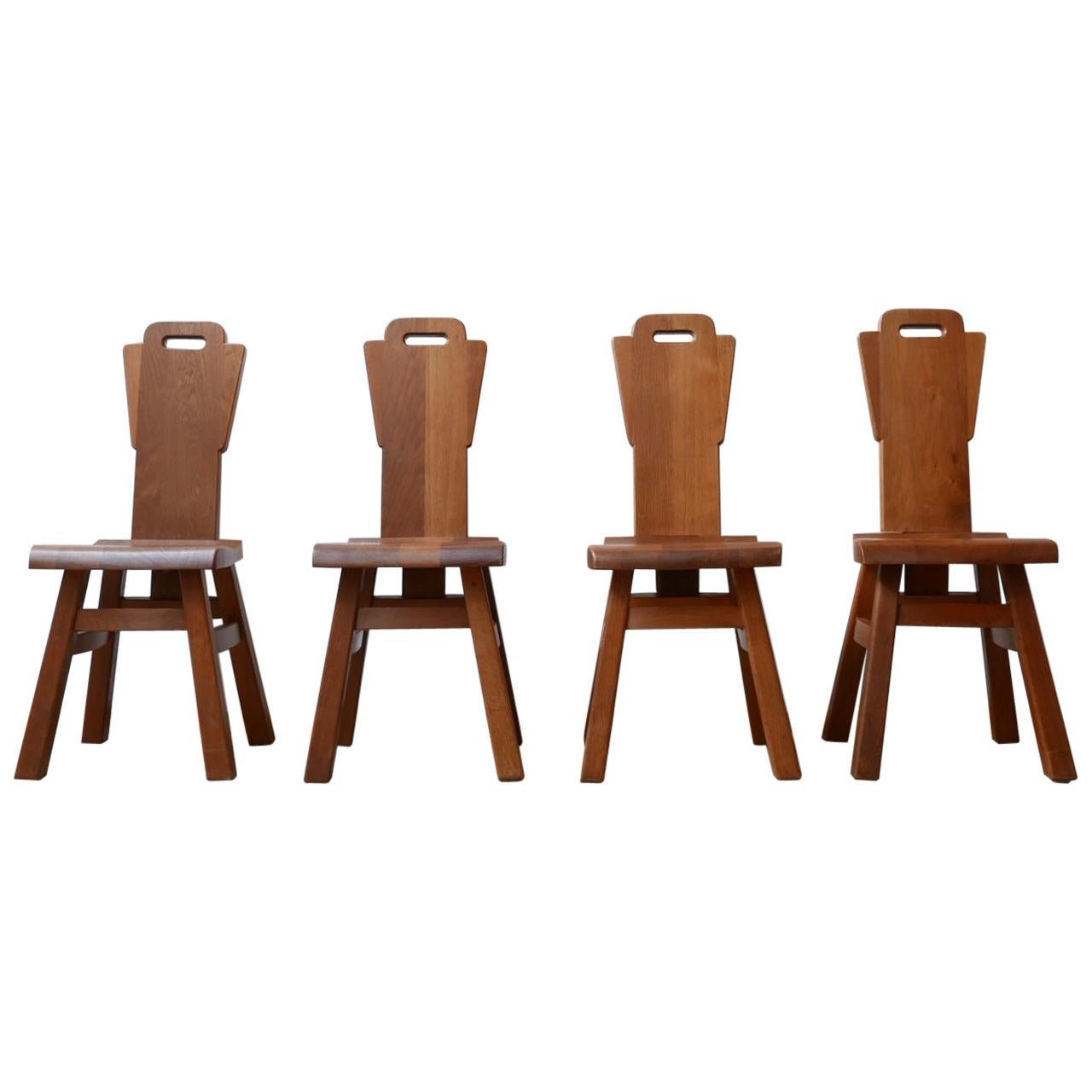 Set of Four Brutalist Midcentury Belgium Oak Dining Chairs