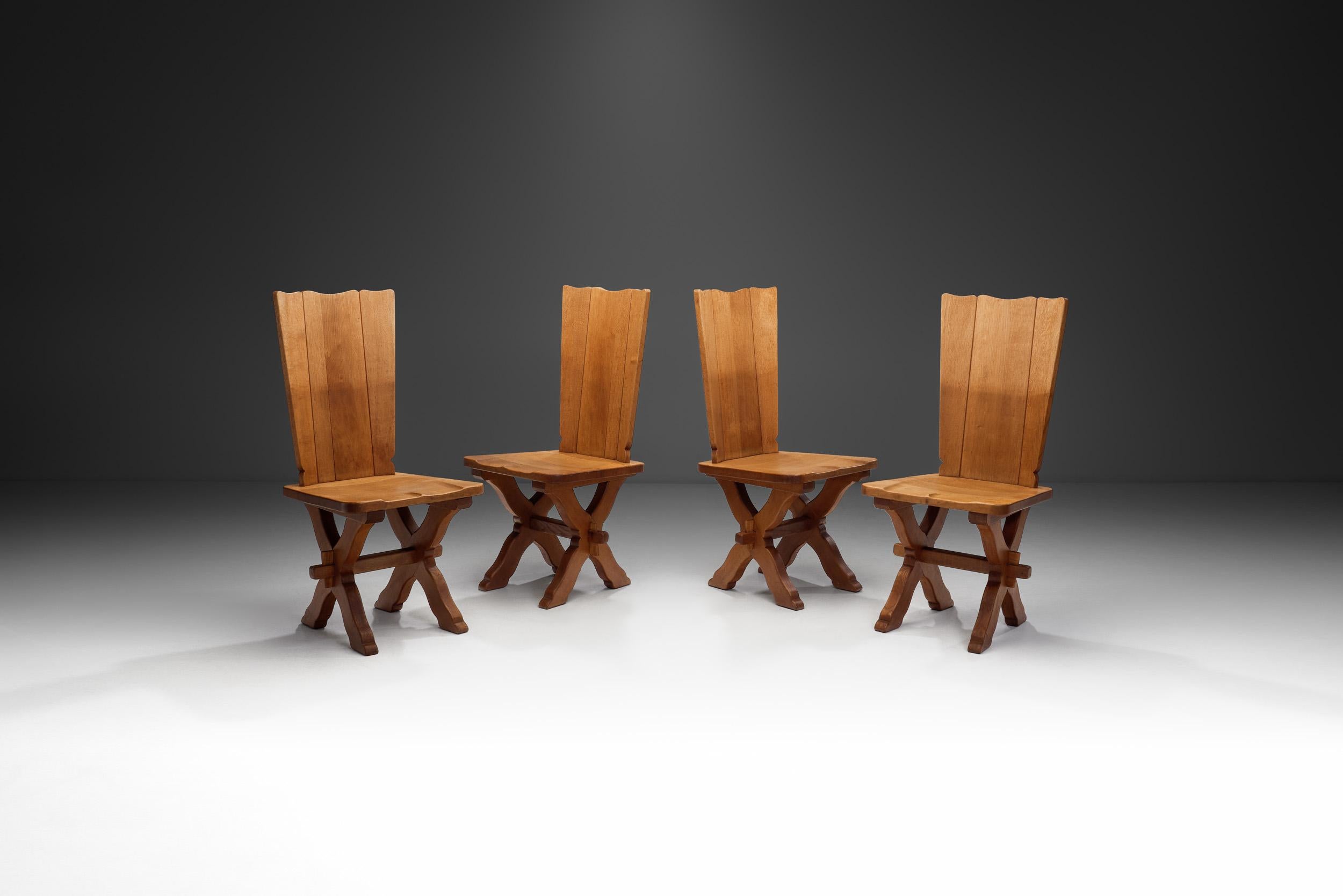 European Set of Four Brutalist Oak Dining Chairs, Europe 20th Century For Sale