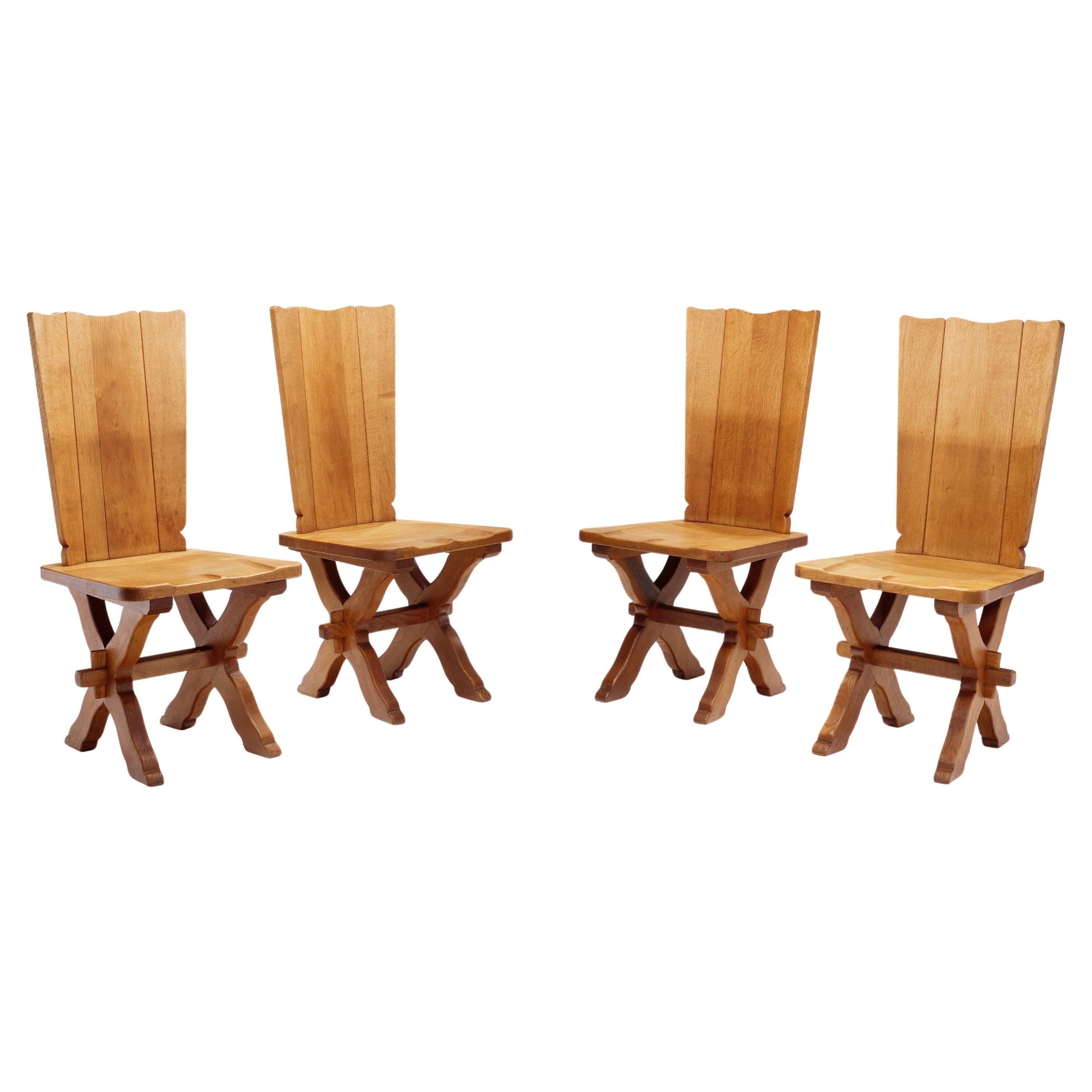 Set of Four Brutalist Oak Dining Chairs, Europe 20th Century For Sale