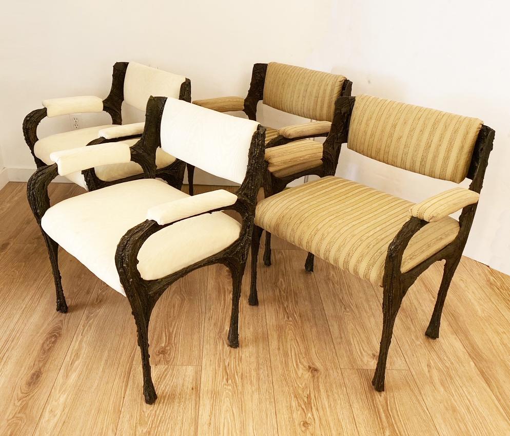 Set of Four Brutalist Sculpted Bronze Armchairs by Paul Evans