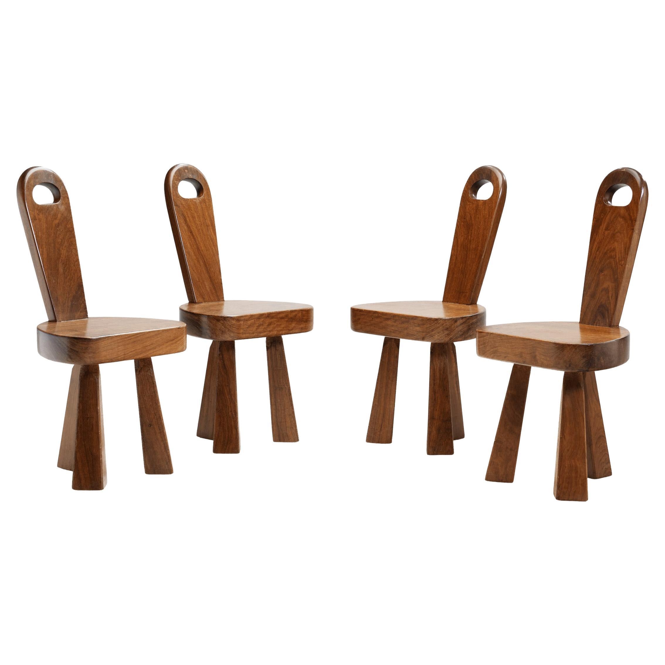 Set of Four Brutalist Solid Wood Low Tripod Chairs, France 1960s