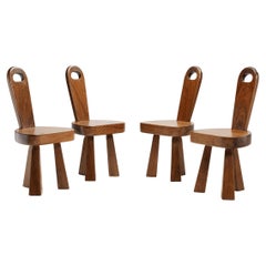 Set of Four Brutalist Solid Wood Low Tripod Chairs, France 1960s