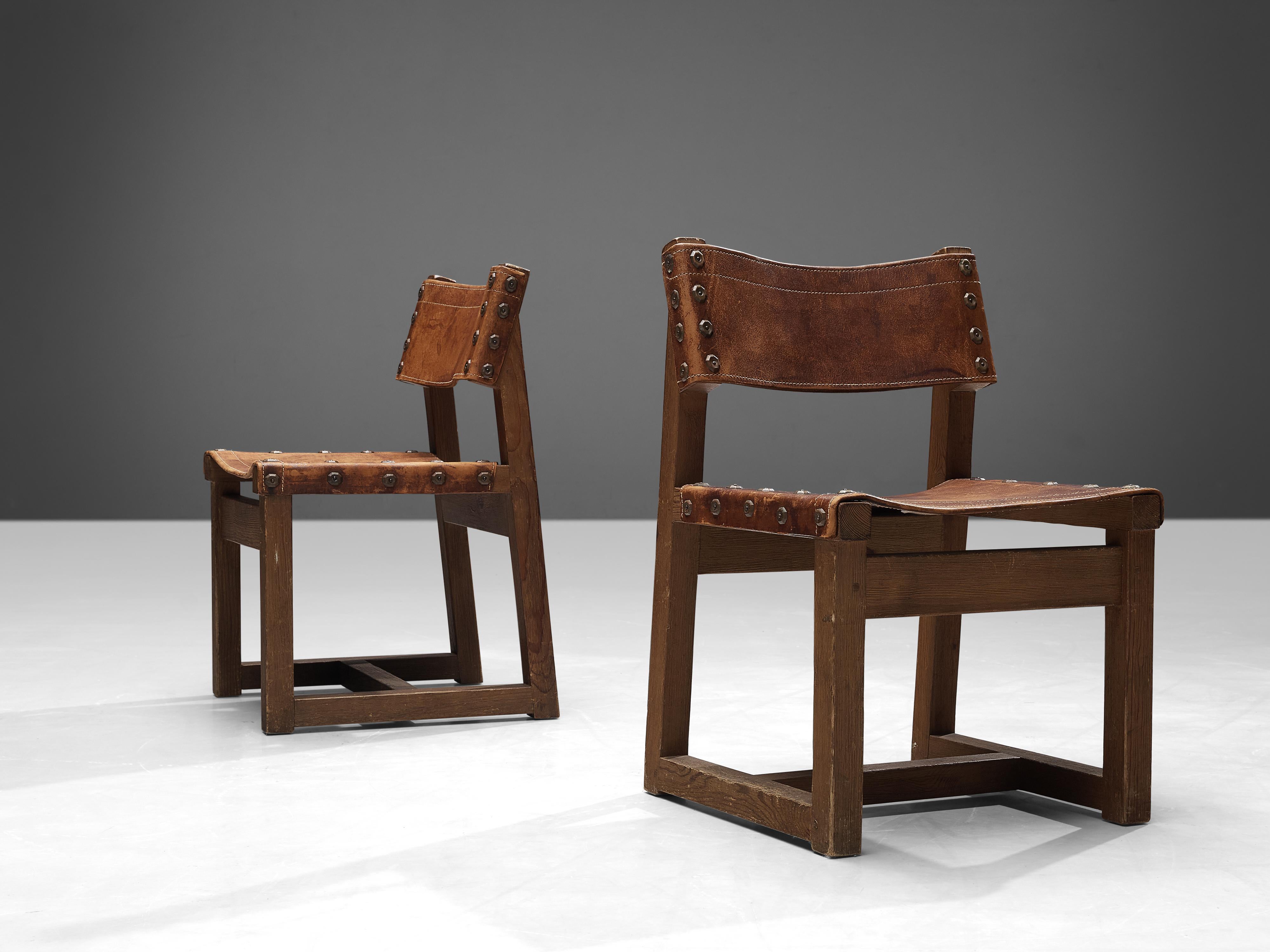 Brutalist Spanish Biosca Set of Four Dining chairs in Cognac Leather 8