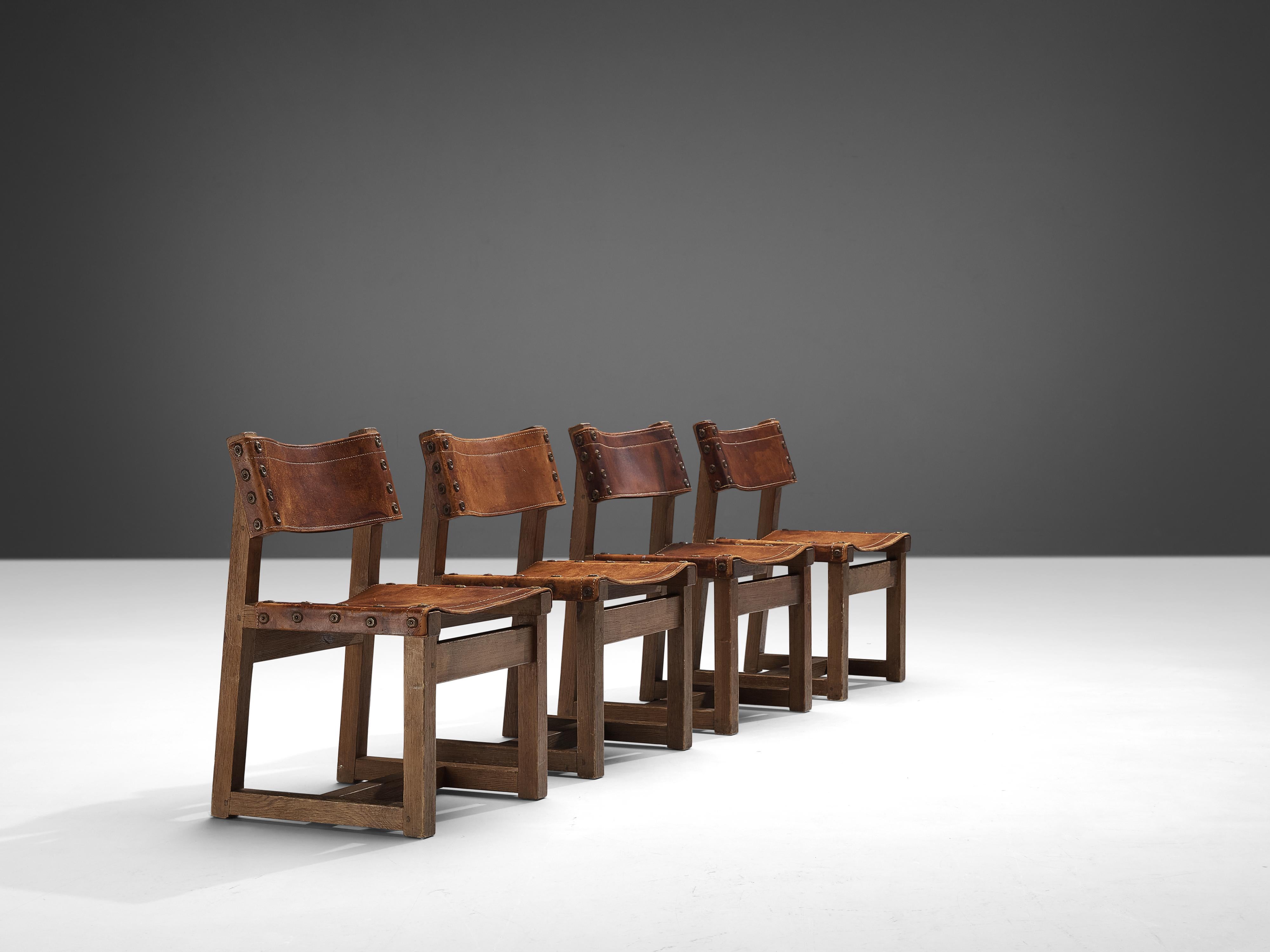 Mid-20th Century Brutalist Spanish Biosca Set of Four Dining chairs in Cognac Leather