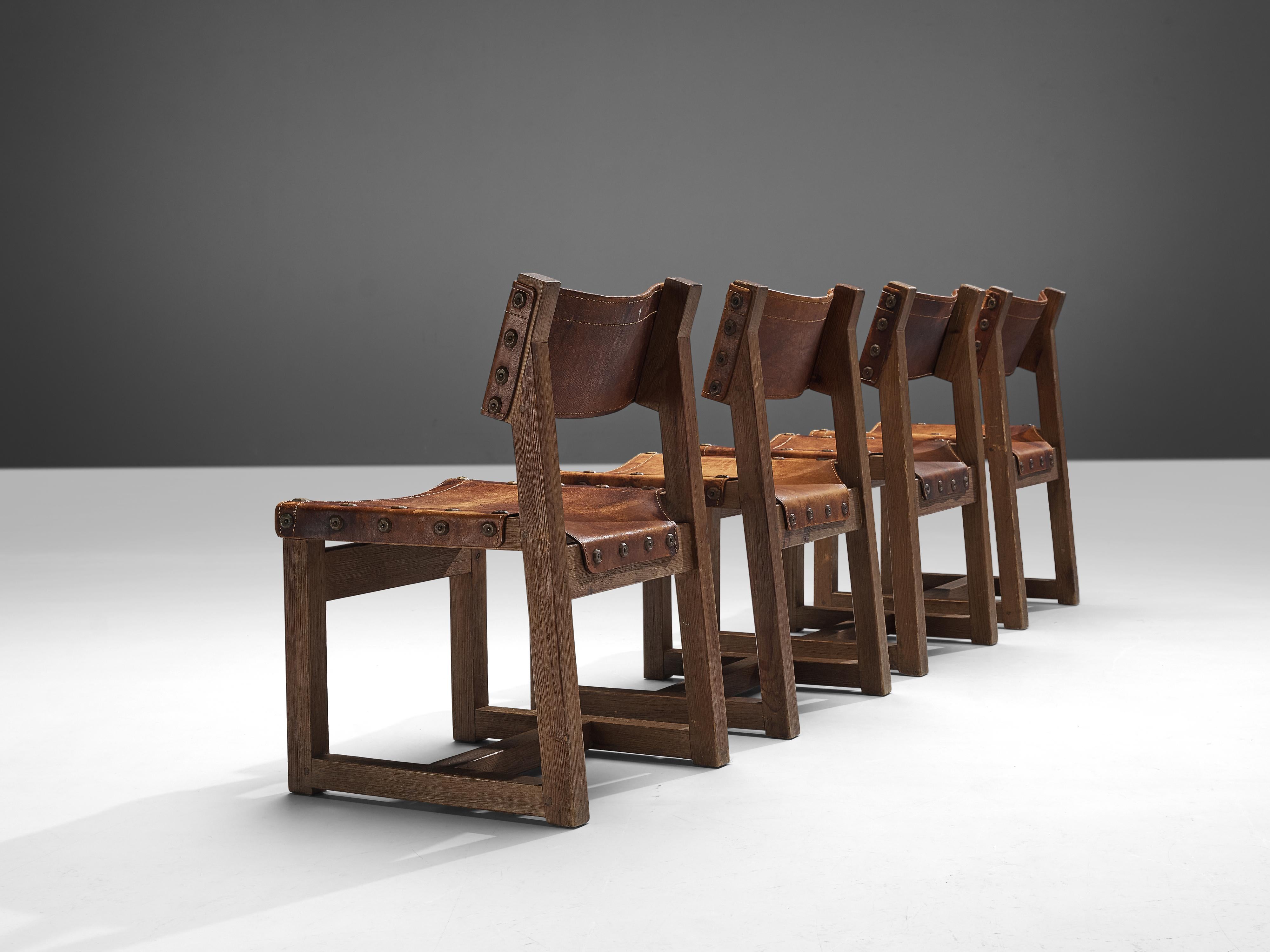 Brutalist Spanish Biosca Set of Four Dining chairs in Cognac Leather 1