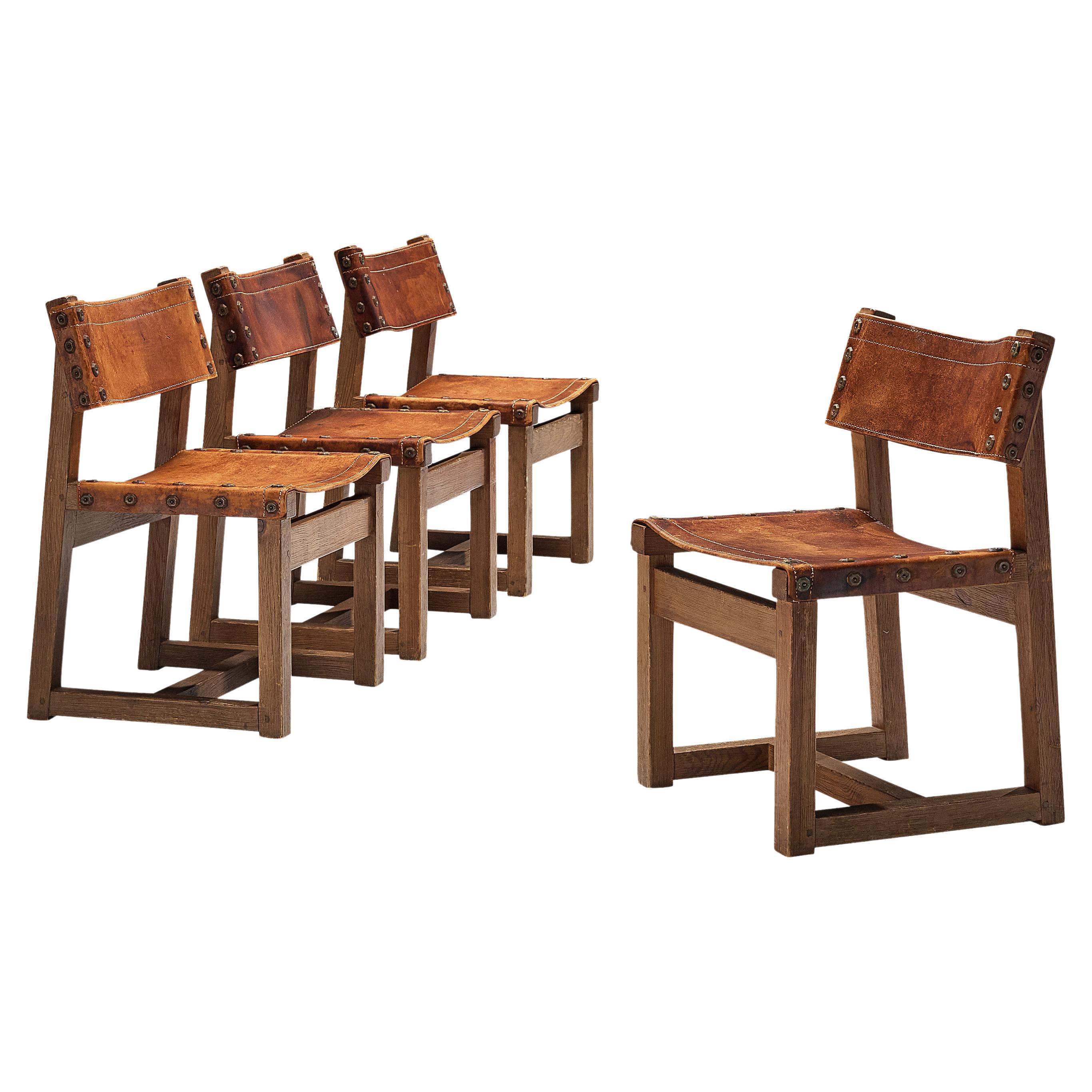 Brutalist Spanish Biosca Set of Four Dining chairs in Cognac Leather