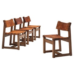 Set of Four Brutalist Spanish Biosca Chairs in Cognac Leather