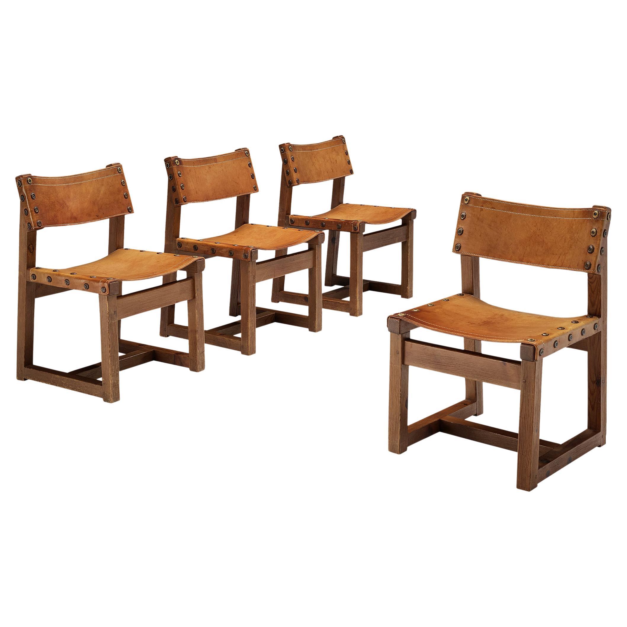 Set of Four Brutalist Spanish Biosca Chairs in Leather