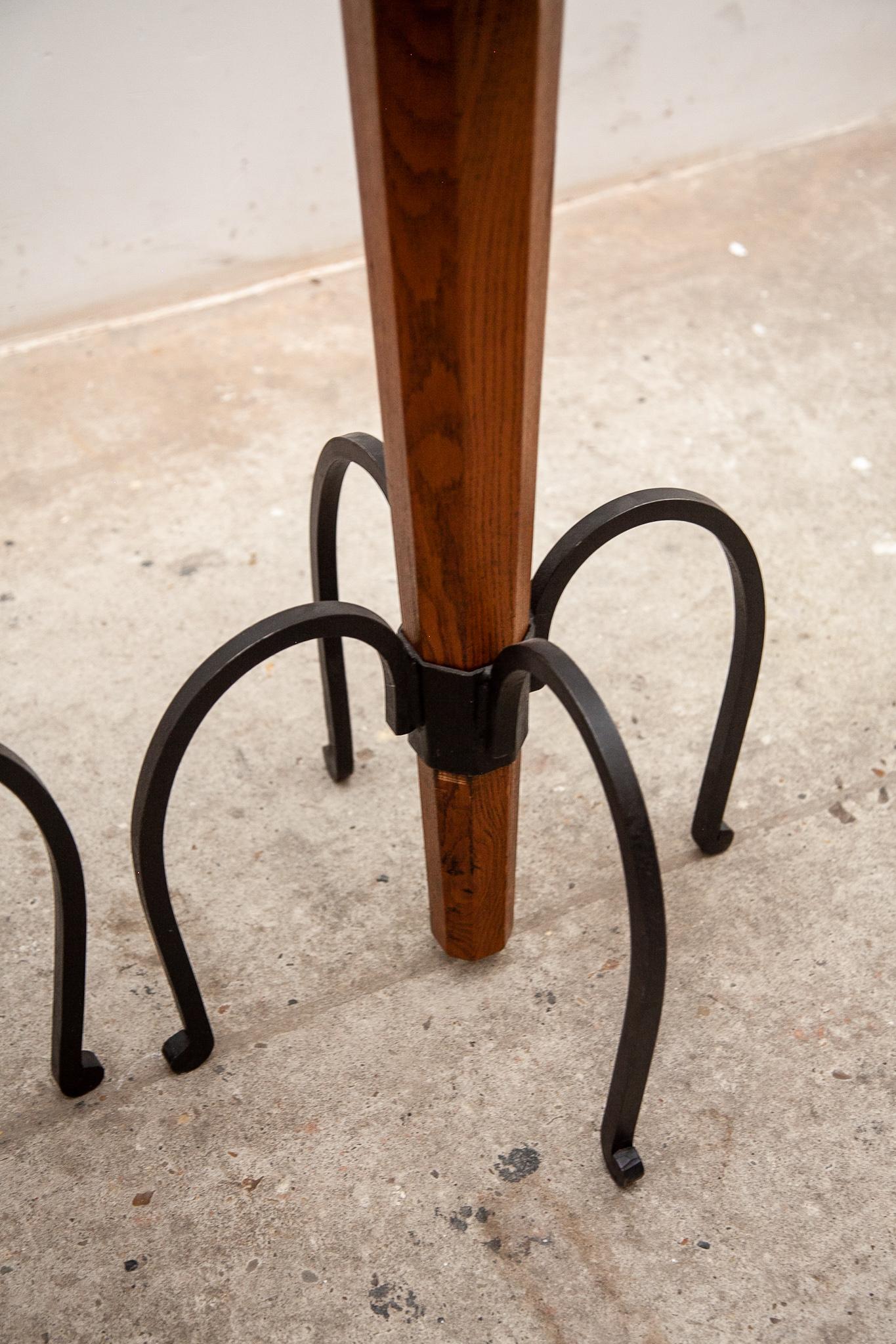 Set of four Brutalist Stools Wrought Iron, Round Camel Leather Seats 5