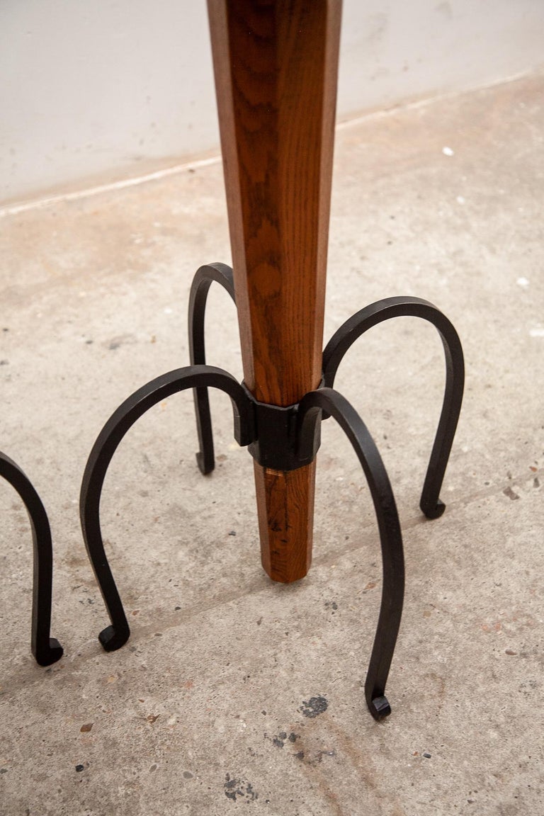 Set of four Brutalist Stools Wrought Iron, Round Camel Leather Seats For Sale 5