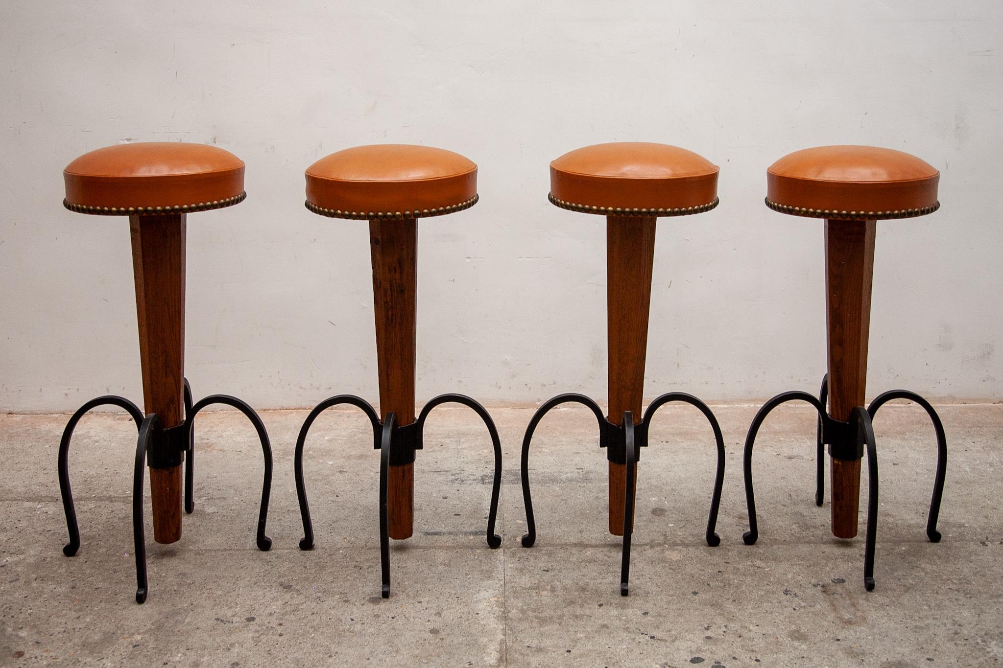 Set of four Brutalist Stools Wrought Iron, Round Camel Leather Seats 2