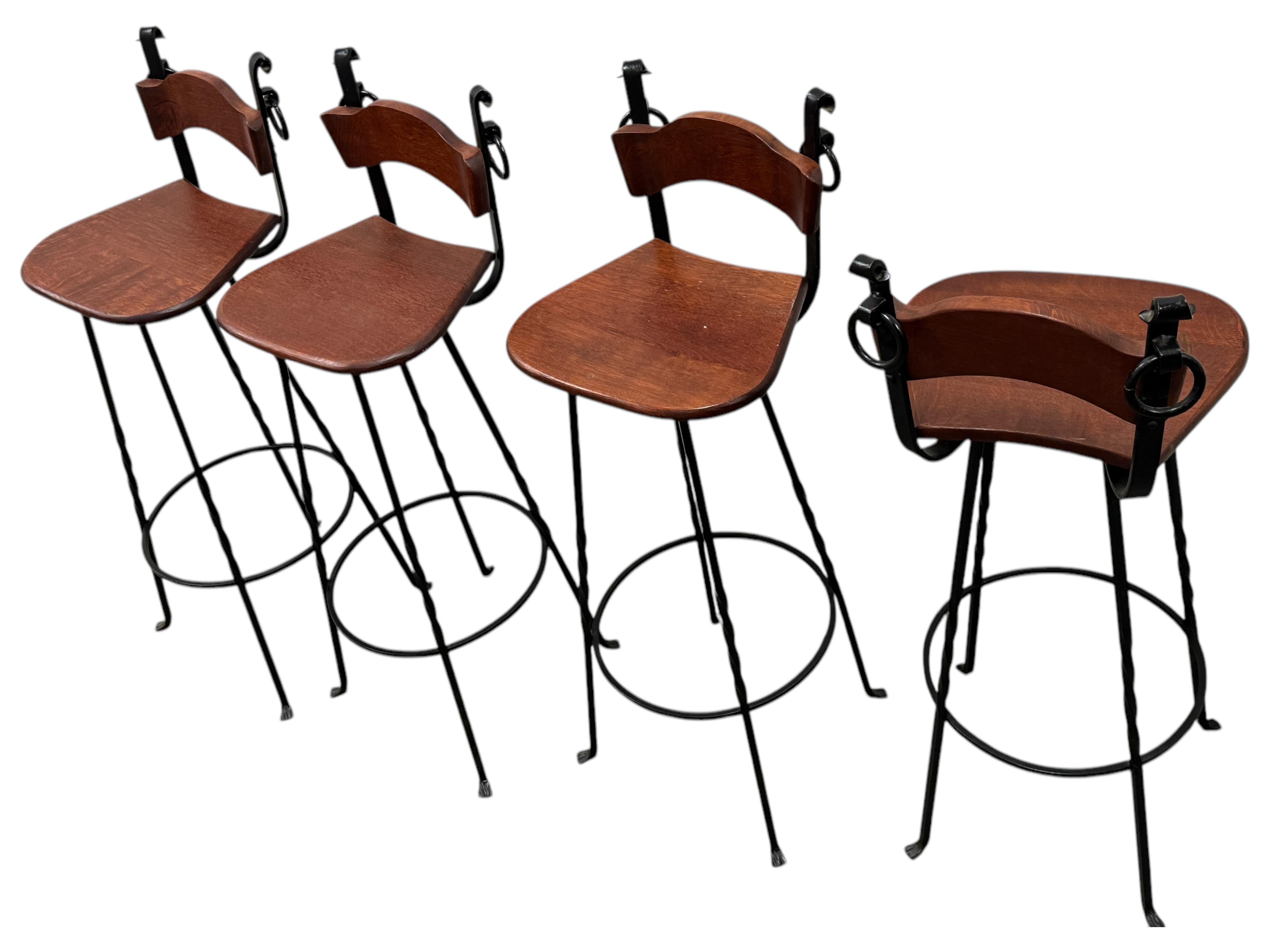 Set of Four Brutalist Wrought Iron & Wood Barstools vintage Germany 1970s For Sale 8
