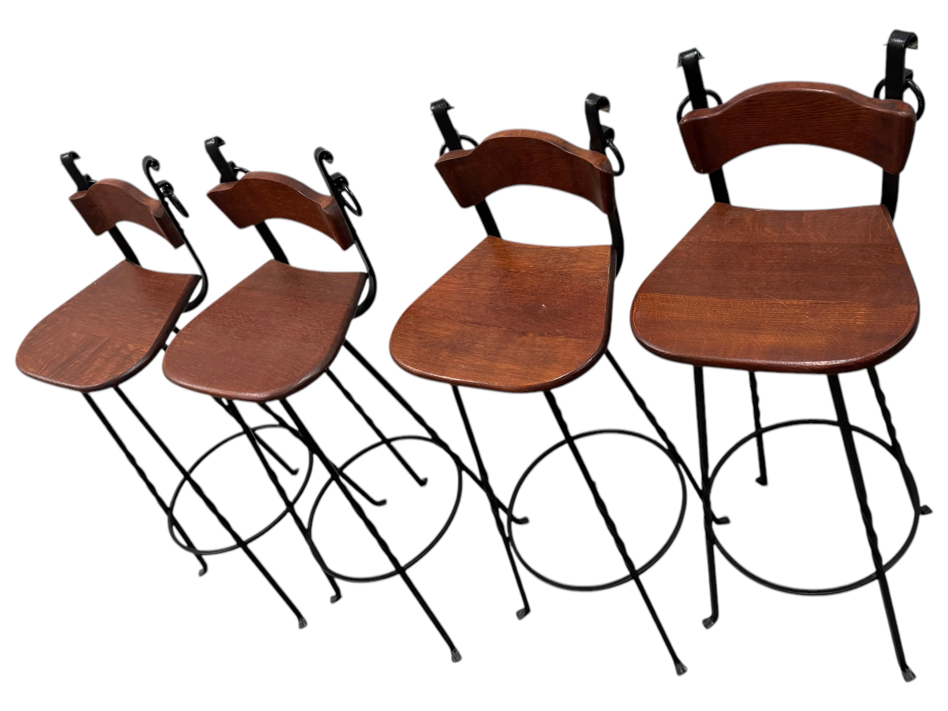 Set of Four Brutalist Wrought Iron & Wood Barstools vintage Germany 1970s For Sale 9
