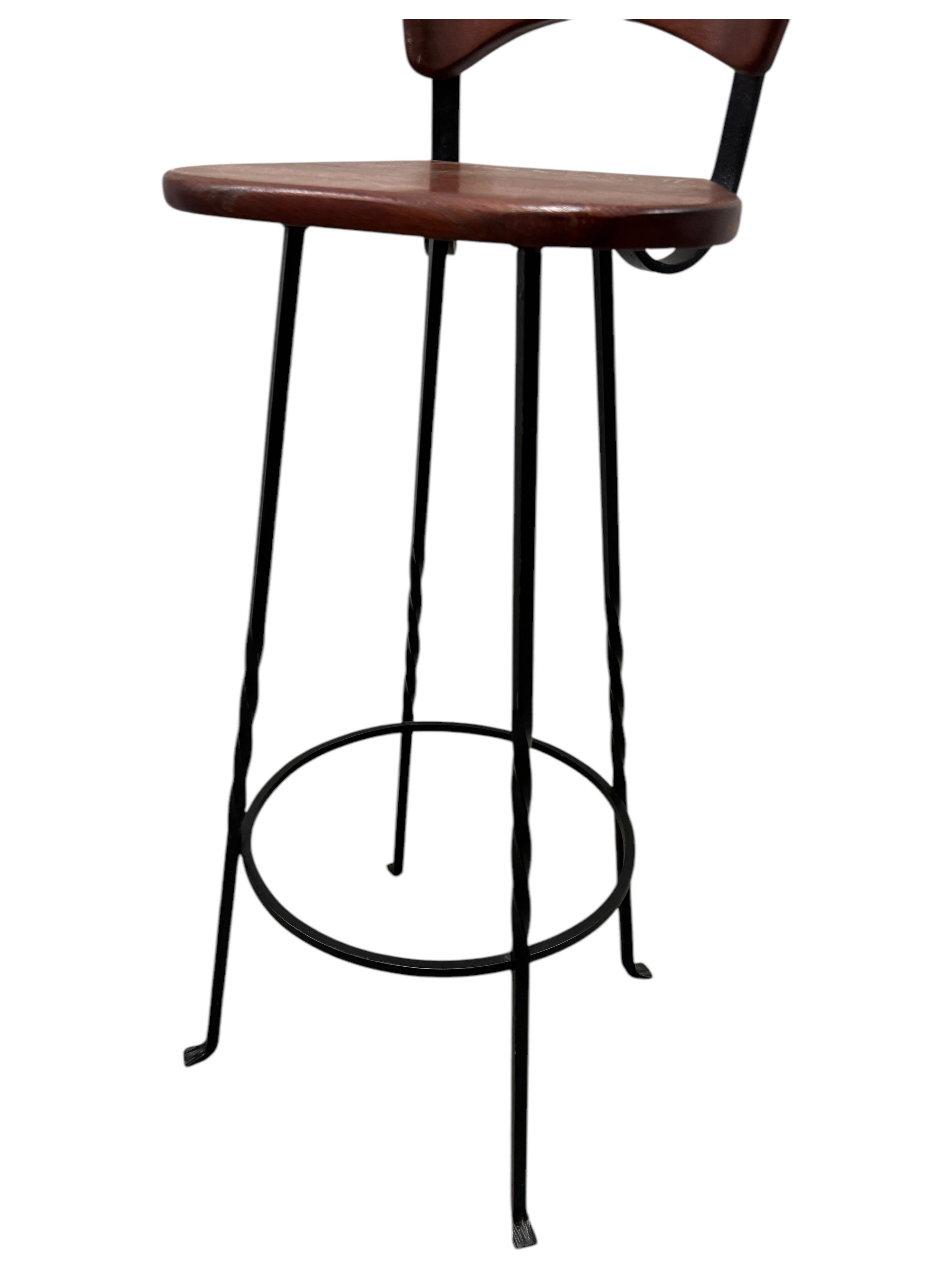 Set of Four Brutalist Wrought Iron & Wood Barstools vintage Germany 1970s For Sale 10