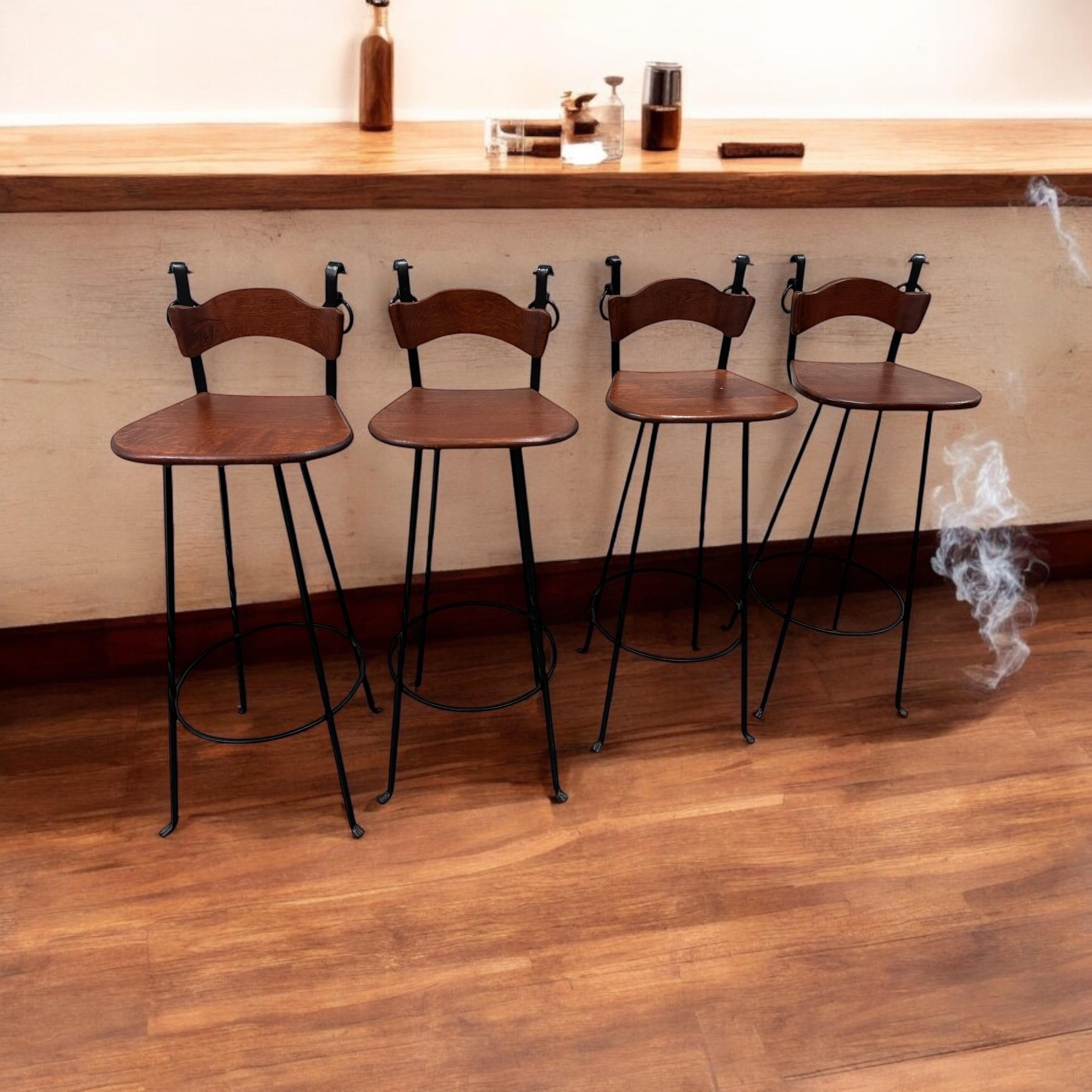 Set of Four Brutalist Wrought Iron & Wood Barstools vintage Germany 1970s For Sale 3