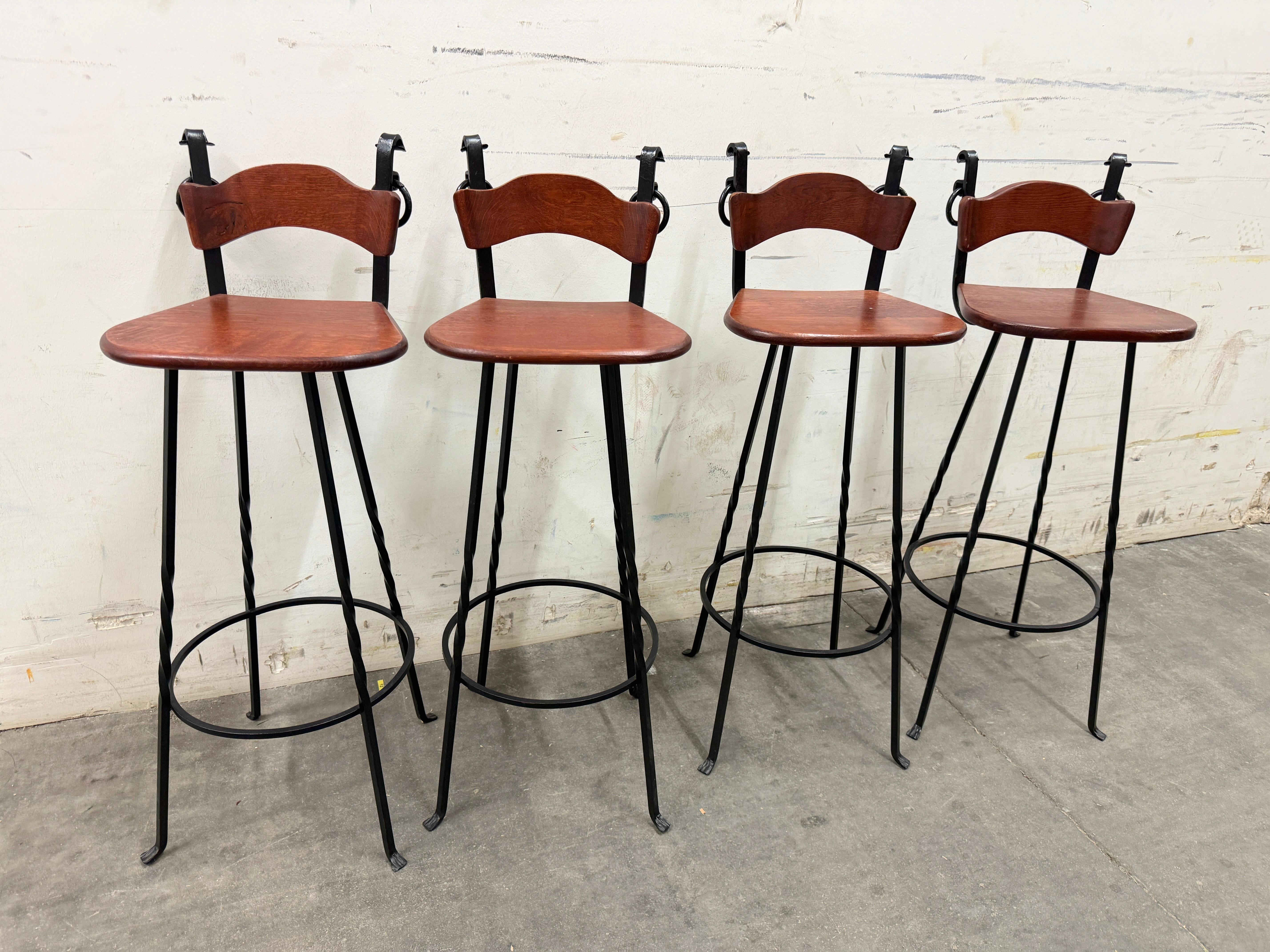 Set of Four Brutalist Wrought Iron & Wood Barstools vintage Germany 1970s For Sale 7
