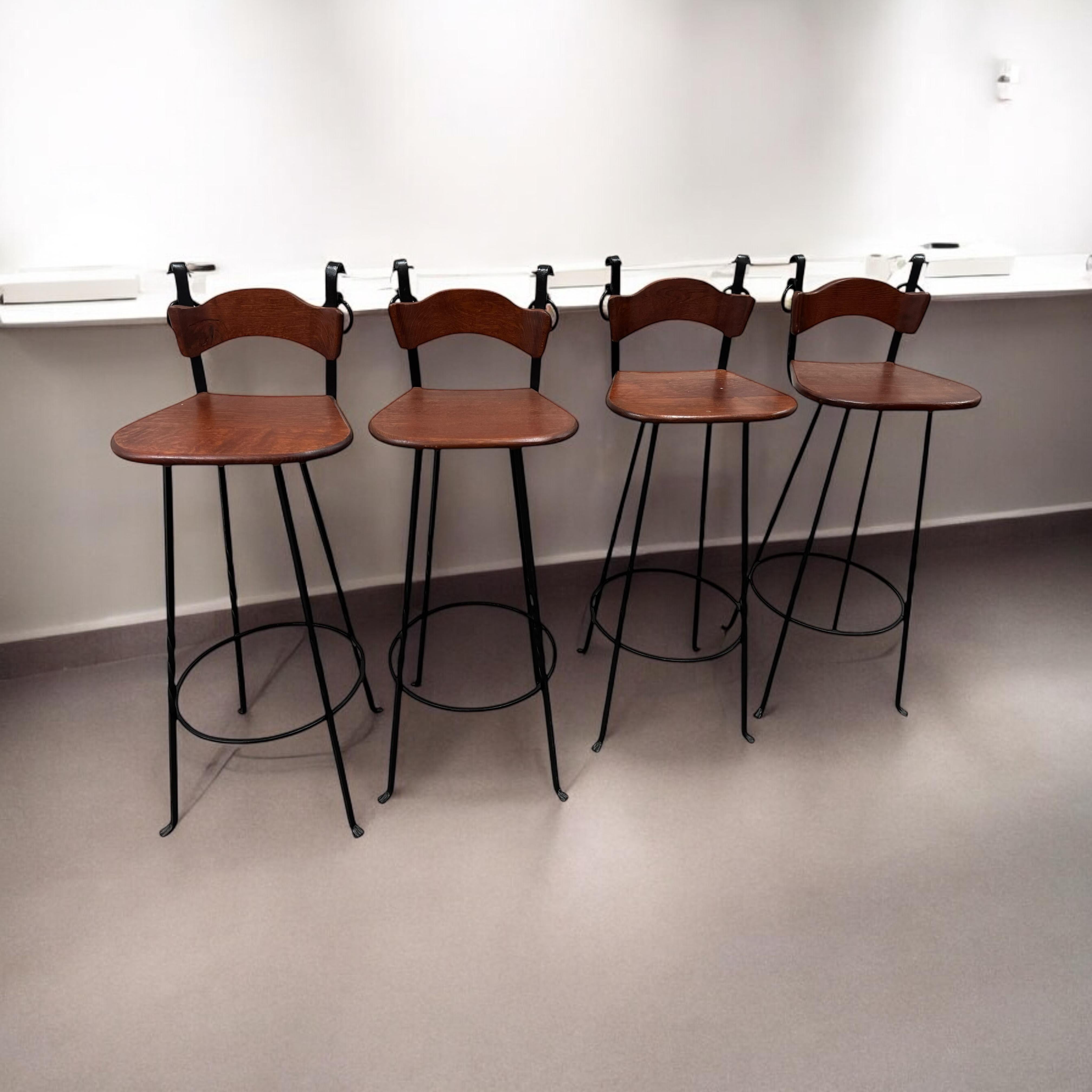 Set of Four Brutalist Wrought Iron & Wood Barstools vintage Germany 1970s For Sale 1