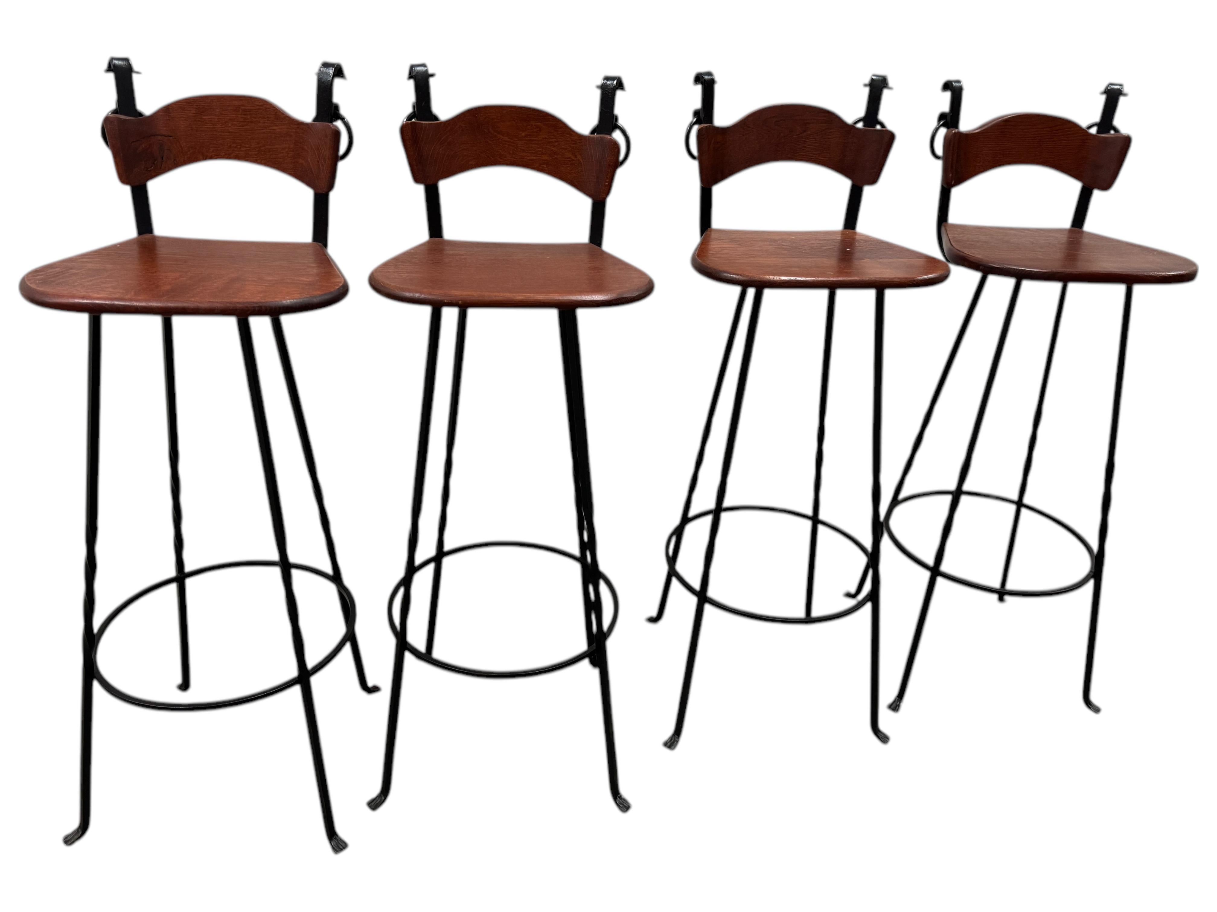 Spanish Set of Four Brutalist Wrought Iron & Wood Barstools vintage Germany 1970s For Sale