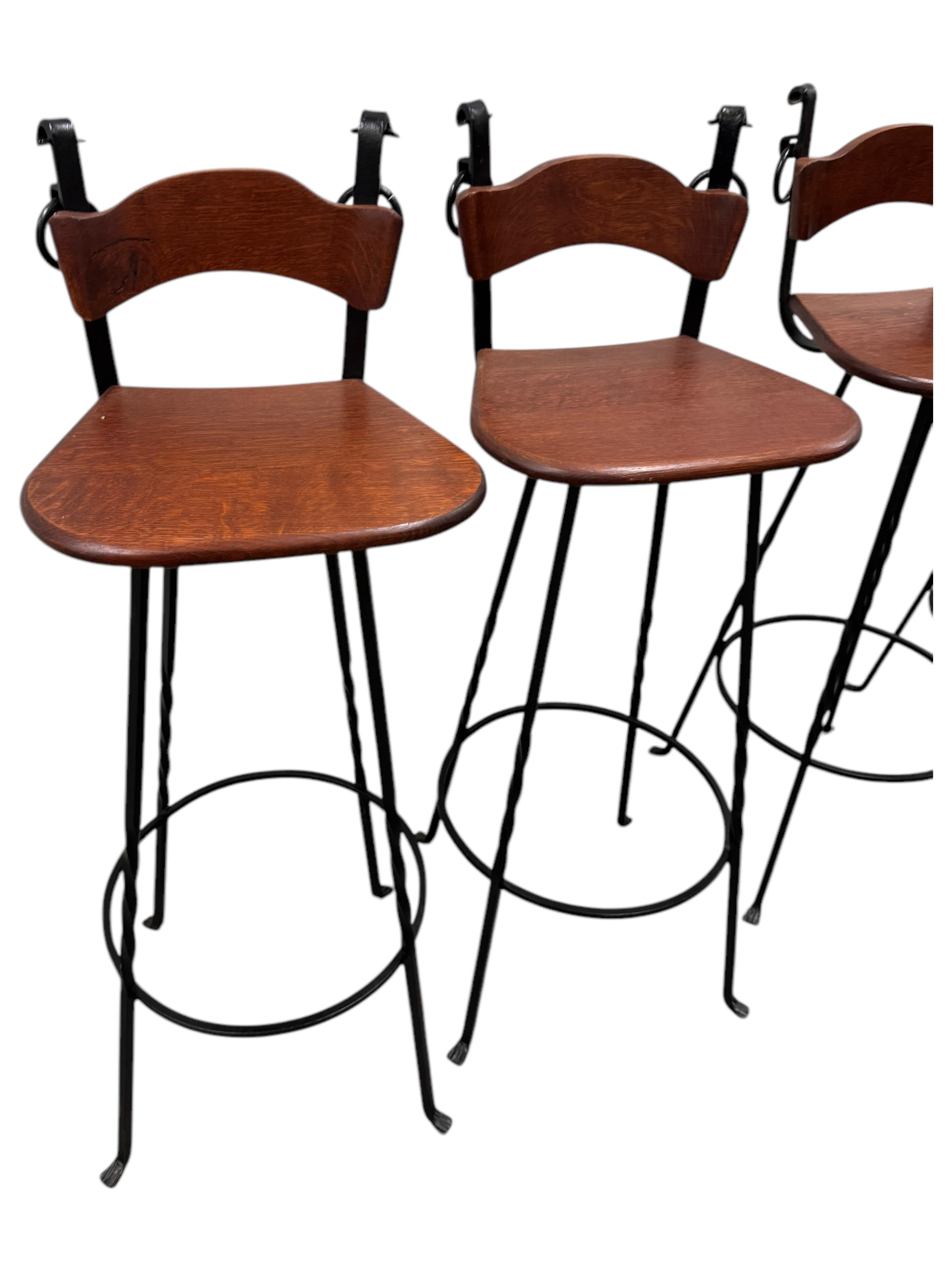 Late 20th Century Set of Four Brutalist Wrought Iron & Wood Barstools vintage Germany 1970s For Sale