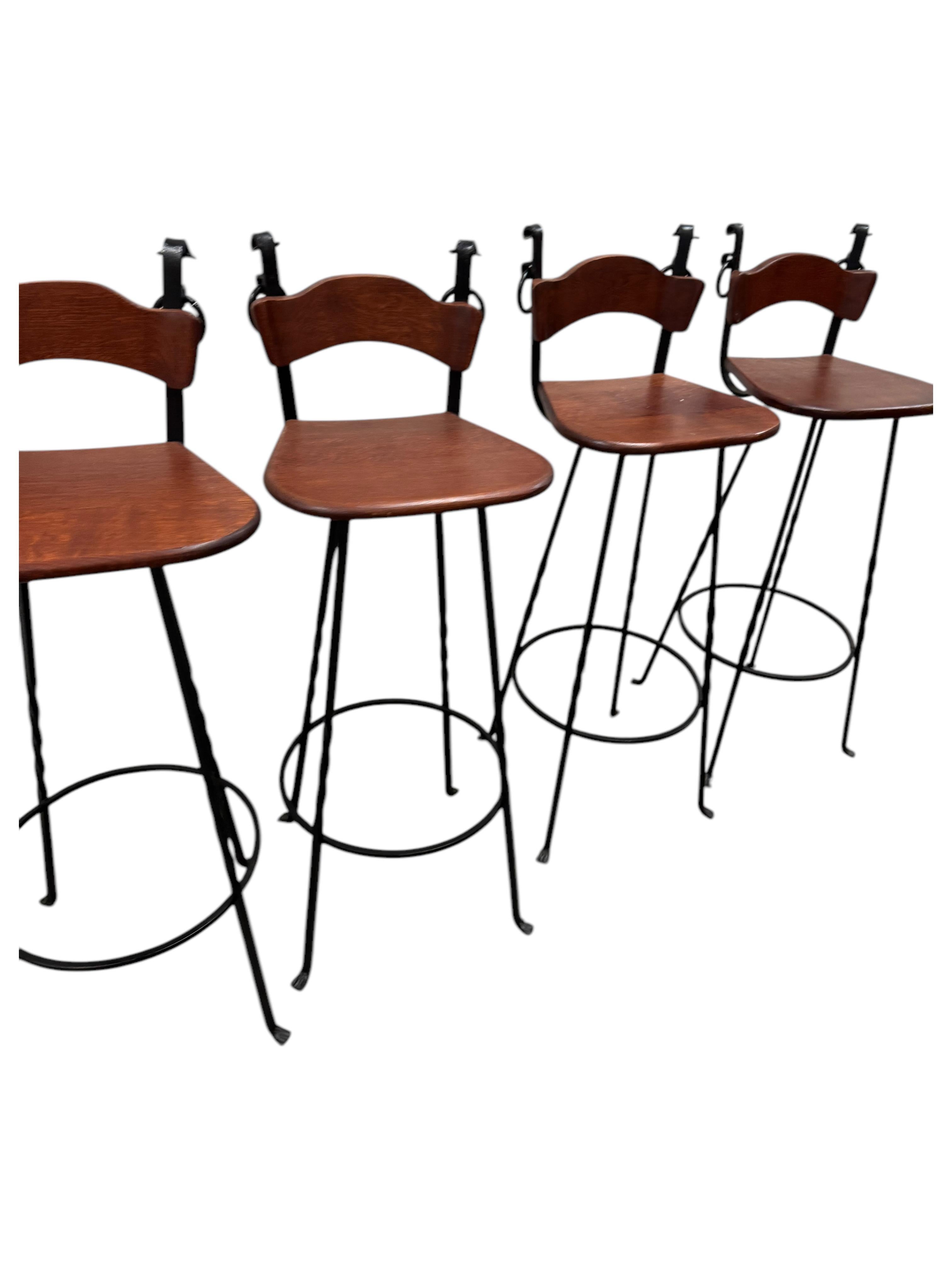 Metal Set of Four Brutalist Wrought Iron & Wood Barstools vintage Germany 1970s For Sale