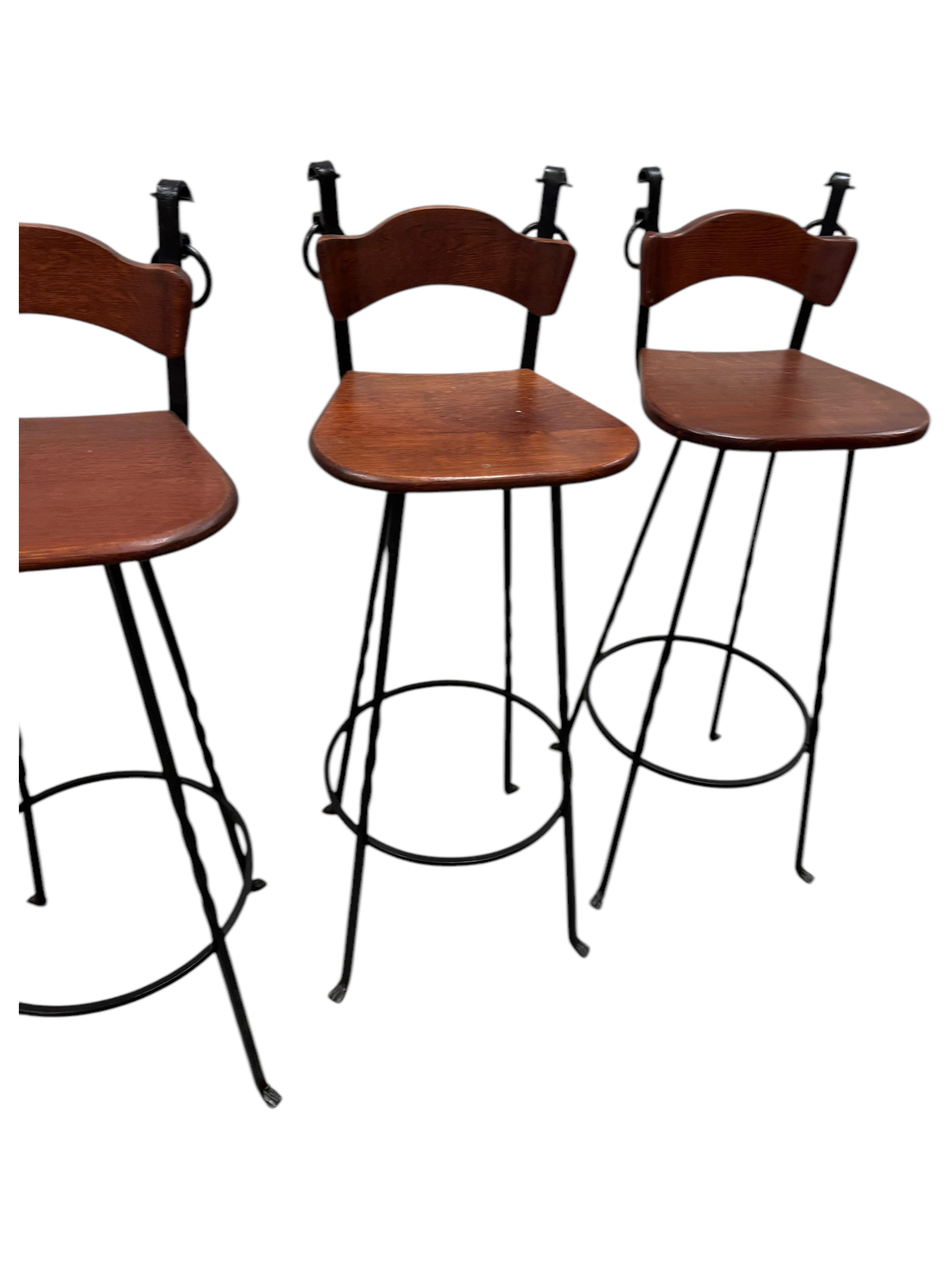 Set of Four Brutalist Wrought Iron & Wood Barstools vintage Germany 1970s For Sale 2