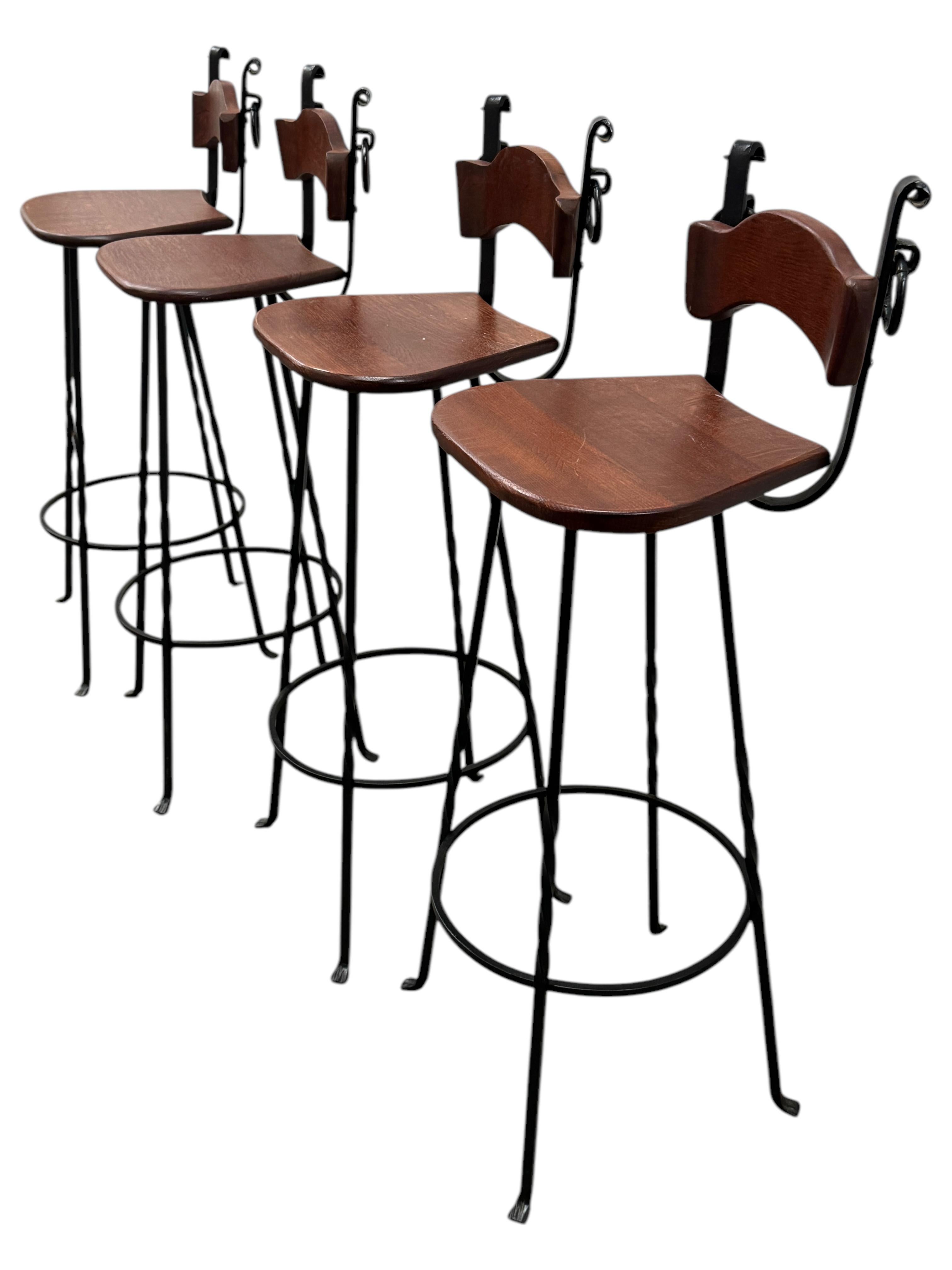Set of Four Brutalist Wrought Iron & Wood Barstools vintage Germany 1970s For Sale 4