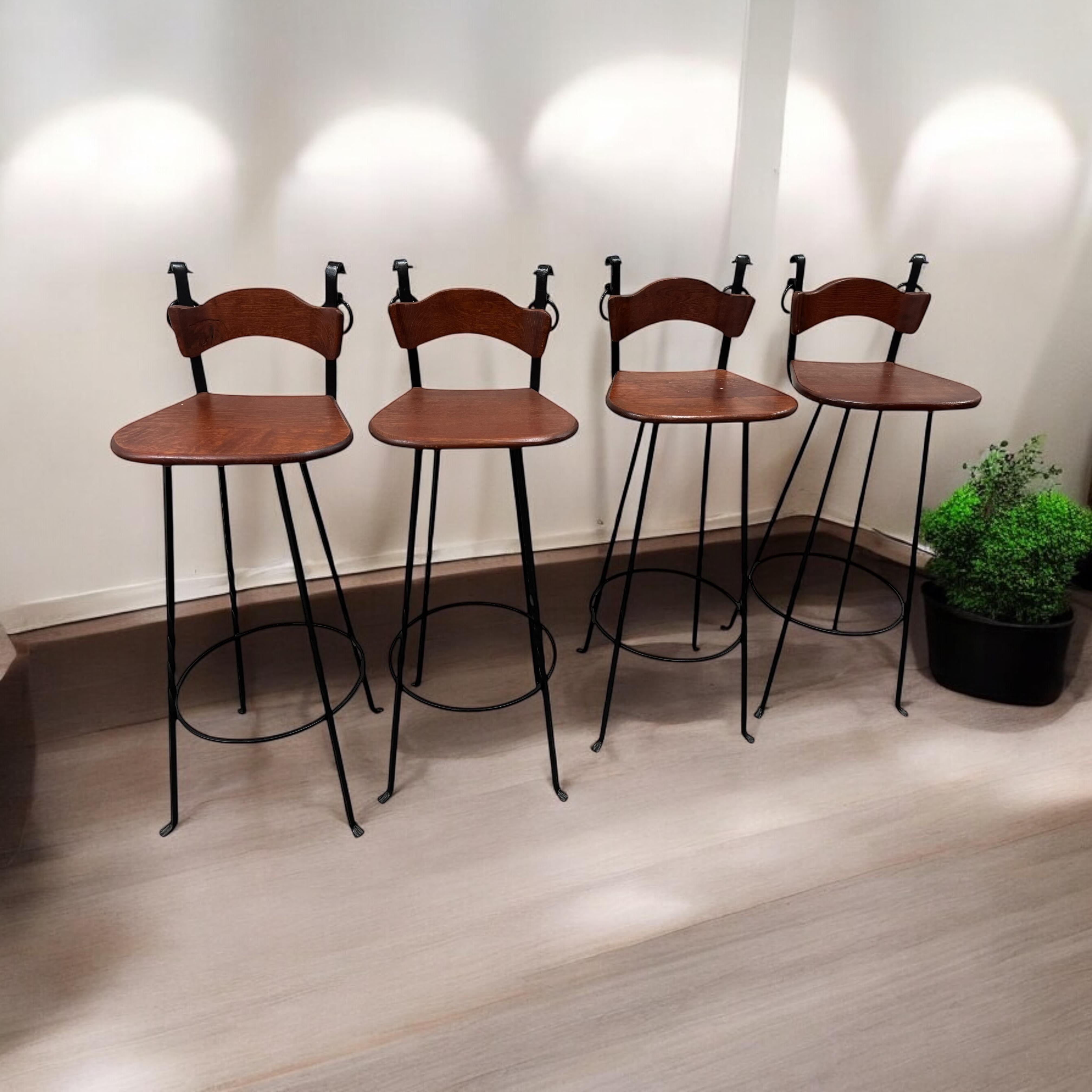 Set of Four Brutalist Wrought Iron & Wood Barstools vintage Germany 1970s For Sale 5
