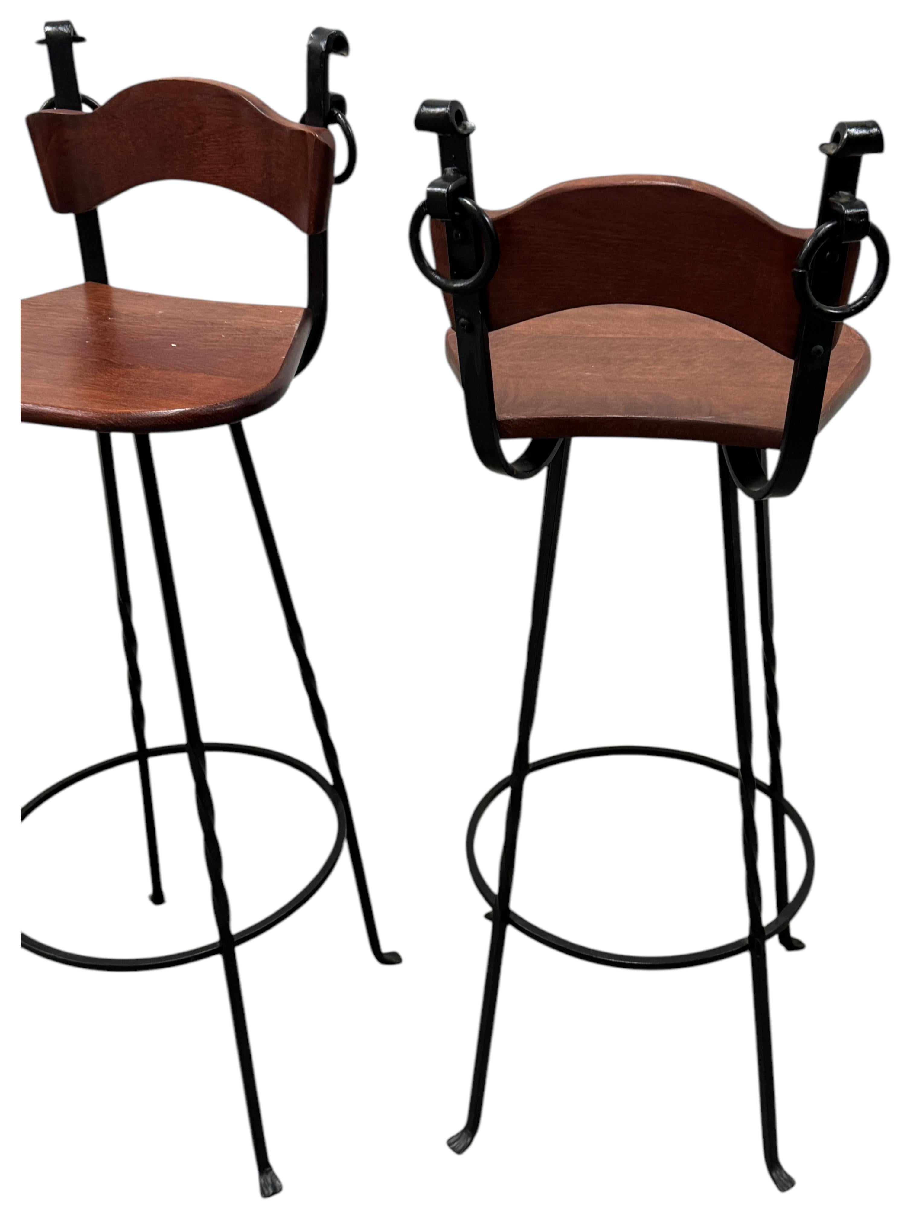 Set of Four Brutalist Wrought Iron & Wood Barstools vintage Germany 1970s For Sale 6